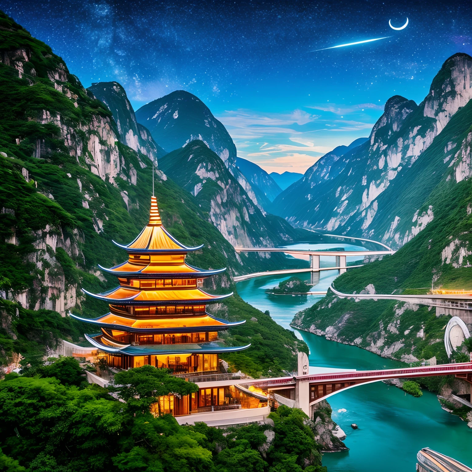 from above, very wide shot, finest image, detailed and delicate depiction, It's a huge building in the shape of a very tall square pyramid, covered in glass with an iridescent chrome-plated skeleton, and the top of its head is round and red. The sound of a river flowing from the mountains, the blue-green sea, high rock walls, and suspension bridges. Landmark, huge commercial facility. background, neon lights, a sky full of stars shining in the night sky, moon, professional lighting