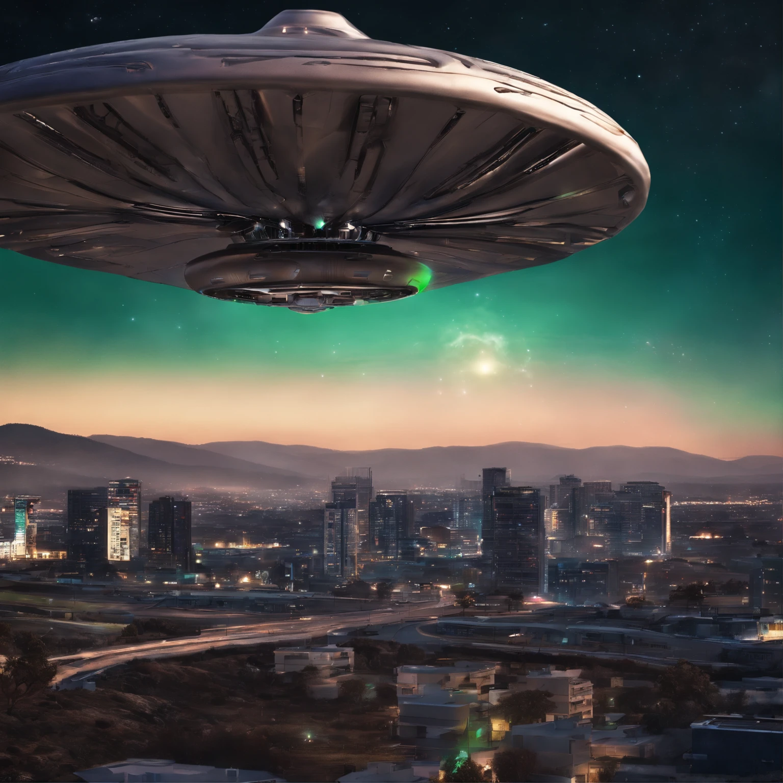 A detailed photo of a UFO in the sky, Luz abaixo do UFO, detalhes intrincados, alien in the light, Depth of field large head, ((in the suburbs)), ufo in the sky, noite, pegue a chave, Tiptoe walking, sorrateiro, verde e preto, Futuristic Design, master part, best quality