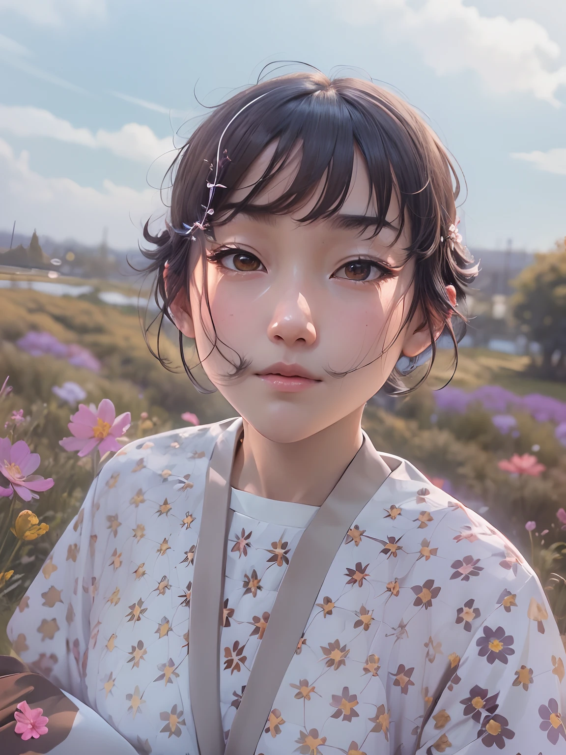 (Best Quality, masutepiece), (1girl in, Solo, brown robes, full body,  Facial expression face, without glasses , Sitting, Wide sleeves, Black eyes, Closed mouth, short black hair), (crystal clear skies, Cosmos Flower Filing, cloud),dreaming