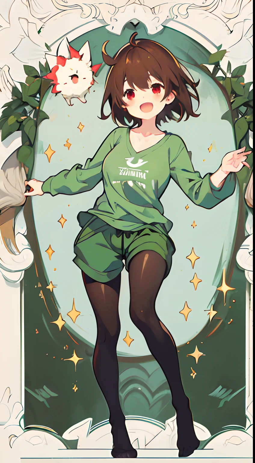 Under the legend,Chara,femele,sexy for,green-shirt,brown shorts,black lence stockings,open mouth and laugh,Blushlush,with short brown hair,Bloody red eyes,bareness,anime big breast,quadratic element,k hd,Bare skin,Full body standing painting