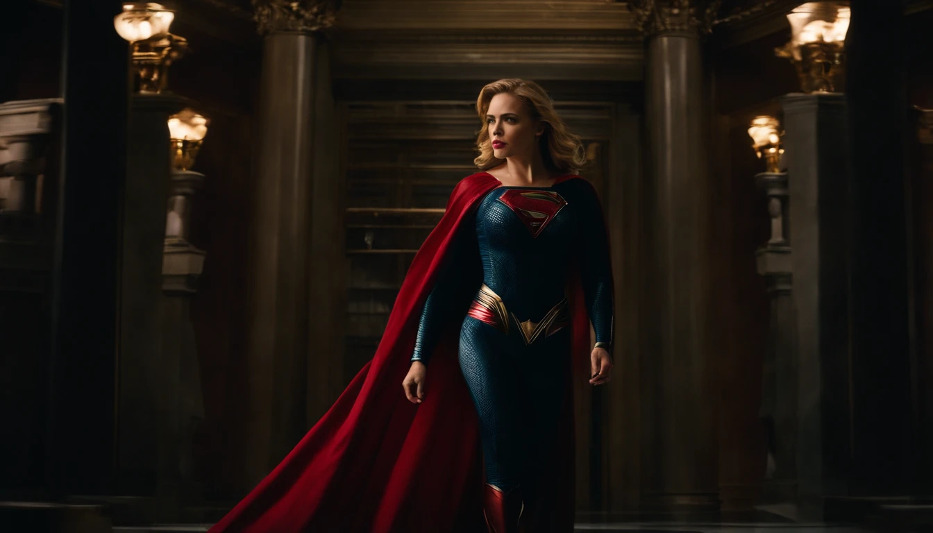 Wonder Cinematic Universe, maravilha, Dc, Scarlett Johansson em traje de Superman, epic background, parte superior do corpo, olhar, fotografia (master part) (melhor qualidade) (detalhe) (8k) (disco Rigido) (papel de parede) (Cinematic lighting) (foco nítido) (intrincado)
