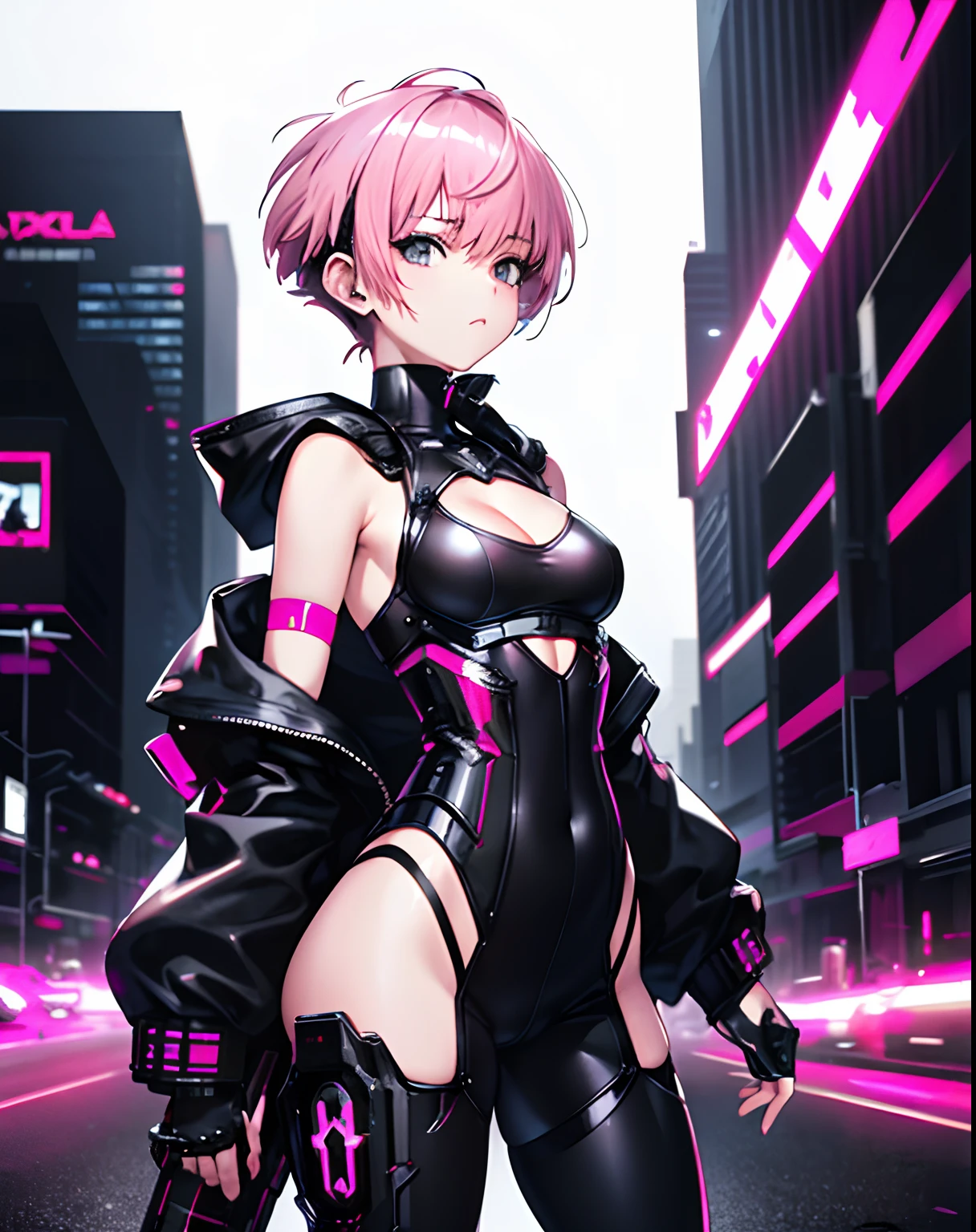 Top quality, masterpiece, ultra-detailed, accurate depiction, highly detailed 8k wallpaper, beautiful mechanical girl, solo, (pixie cut hair:1.3), (pink hair, short shaved sides, very short back, very short side, under cut, side cut:1.3), BREAK, (sleeveless exoskeleton suit), (mechanical legs), (perfect 5fingers, 4fingers and 1thumb), (Jacket), half undress, BREAK, techpunkmask, (dynamic angle), (flat_chest, cleavage, wide hips), Cyberpunk City, Big ass,