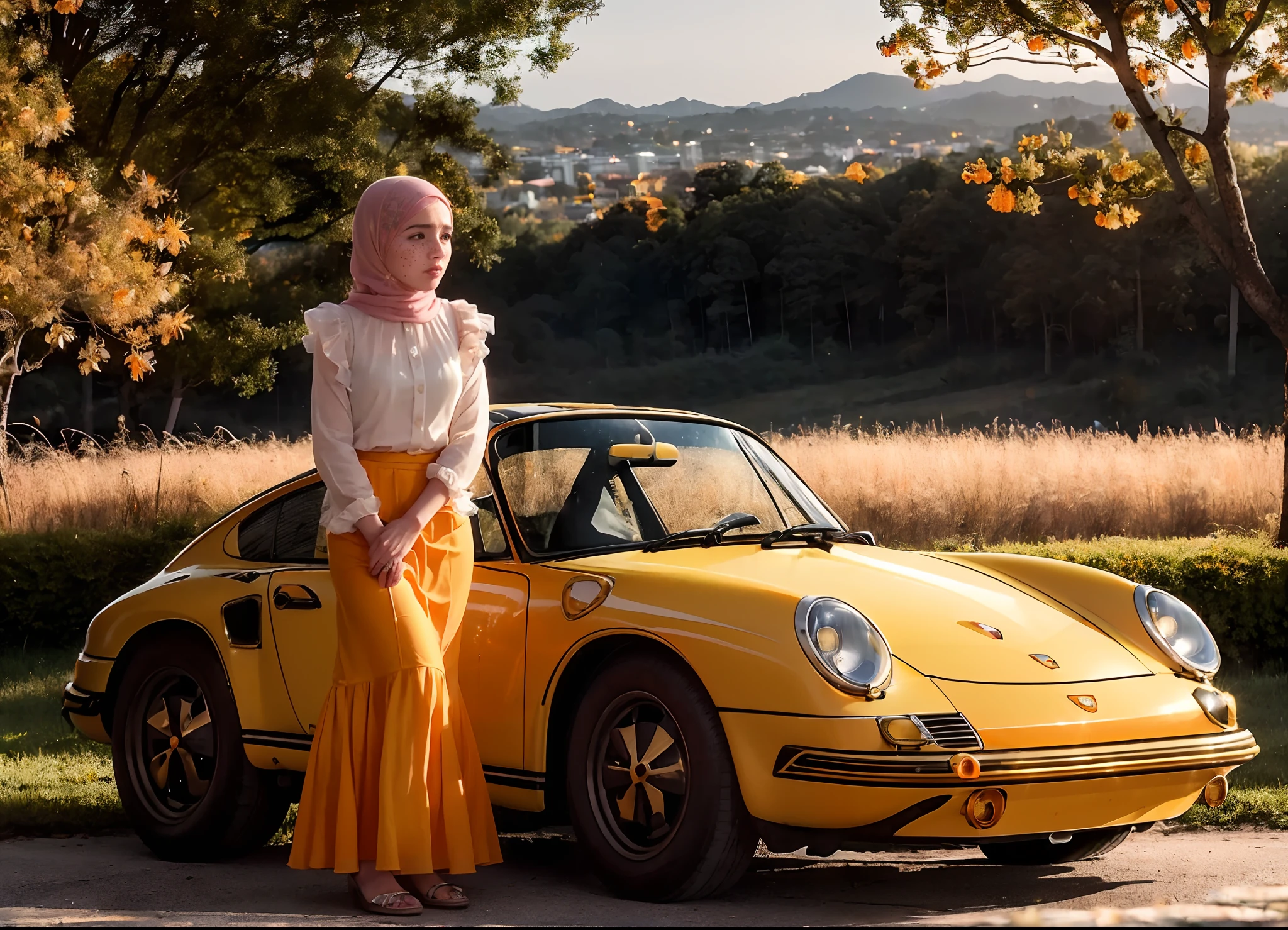 (((realism))), (a girl stand leaning against front a (yellow-orange vintage porsche car:1.6)), girl focus, solo girl, ((hijab, see through white frilly shirt:1.3), full body, (pink maxi satin skirt:1.2), (sweat)), (flashing panty:1.3), 25 years old, (beautiful puffy clouds,  sunset sky), (sunset, lush autumn hillside background:1.5), ((small chest, slim, thin body)), (photography, realistic, bokeh, blur), (cenimatic lights, soft lights, detailed lighting:1.3)