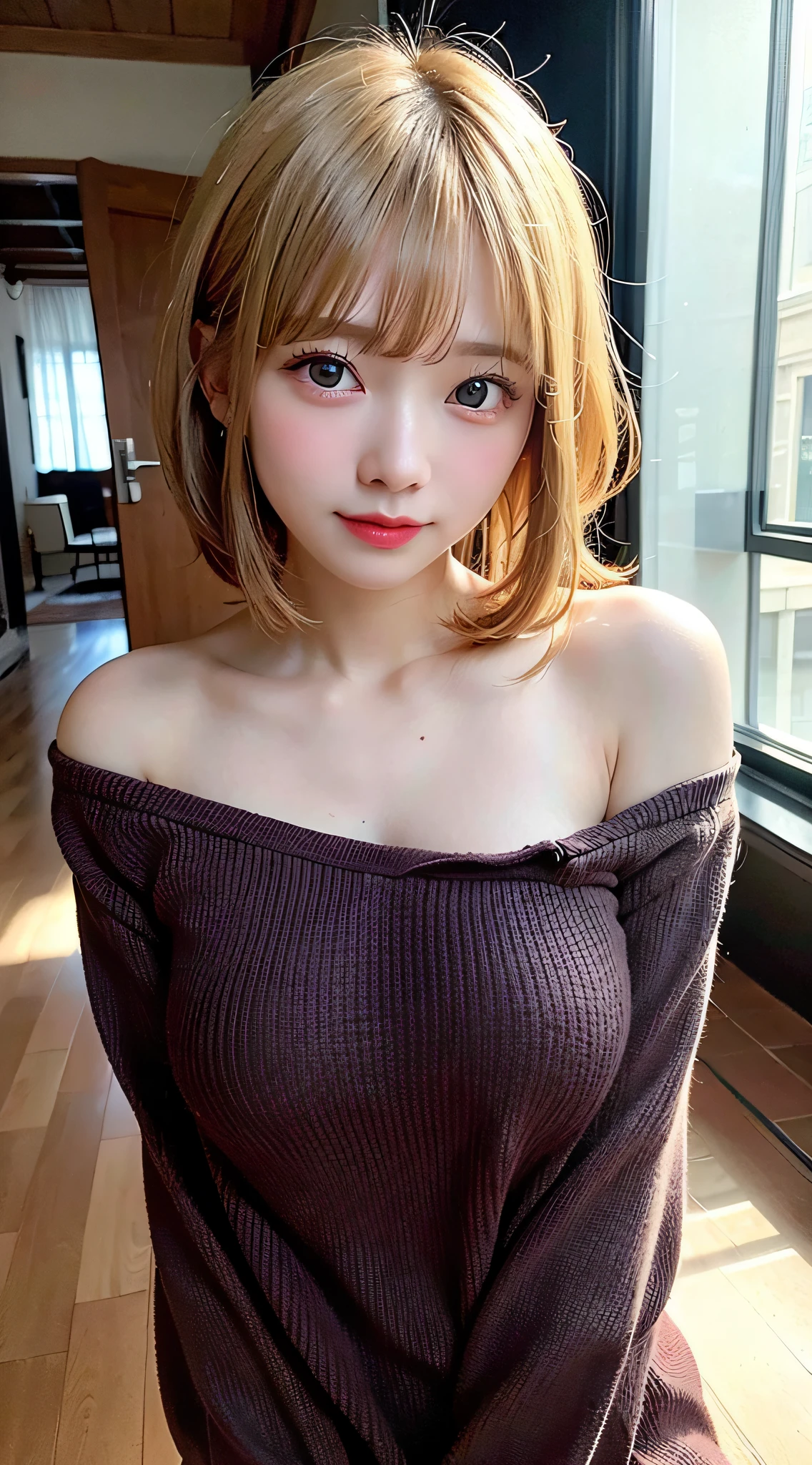 (8K, Raw photo:1.2)Detailed face and eyes,Best Quality, 超A high resolution, Highly detailed ,intricate detailes ,masutepiece ,Cute Girl , Soft cinematic light, Hyper-detailing,Sharp Focus, High quality, Blonde hair, bob cuts, tits out,Knitted Dresses