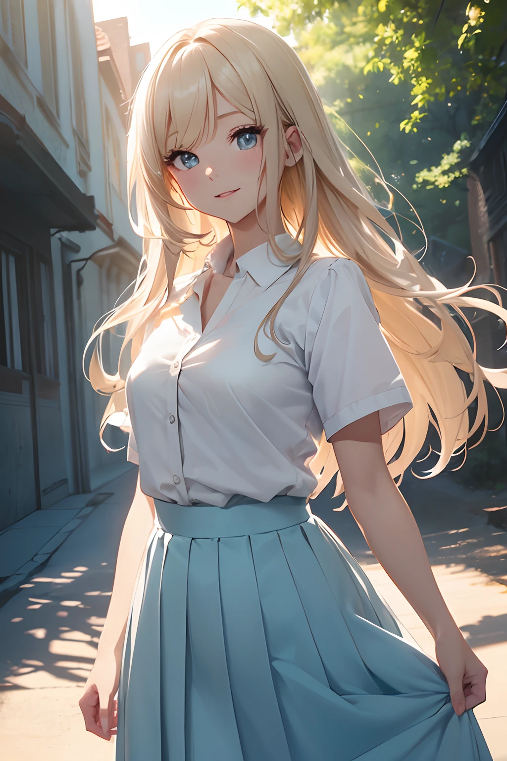 1woman,Standing, facing backwards,smile, camera angle from behind, photo from behind, looking away,blue eyes, Beautiful makeup, long eyelashes,early in the morning,stunning,half body photo, very detailed face,cute,,HD face, perfect face,Short white dress, pink cardigan,very big breasts,Blonde hair,blonde hair,bangs,long hair, straight hair,ultra detail,ultra Hd, masterpiece,4k