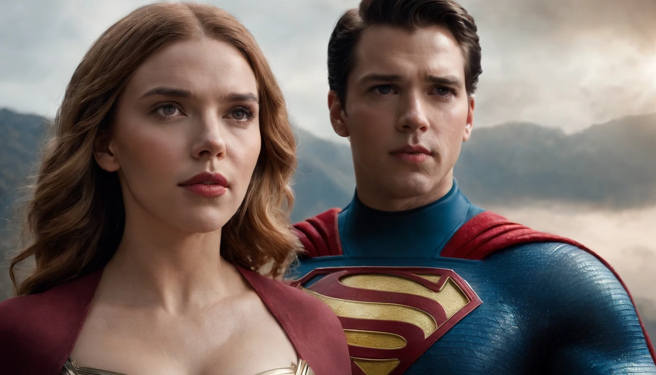 Wonder Cinematic Universe, maravilha, Dc, Scarlett Johansson em traje de Superman, epic background, parte superior do corpo, olhar, fotografia (master part) (melhor qualidade) (detalhe) (8k) (disco Rigido) (papel de parede) (Cinematic lighting) (foco nítido) (intrincado)