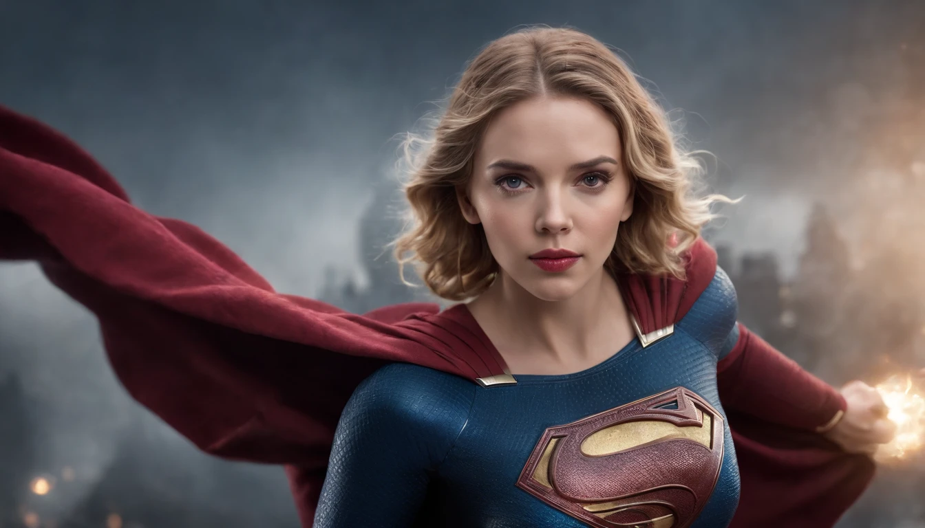 Wonder Cinematic Universe, maravilha, Dc, Scarlett Johansson em traje de Superman, epic background, parte superior do corpo, olhar, fotografia (master part) (melhor qualidade) (detalhe) (8k) (disco Rigido) (papel de parede) (Cinematic lighting) (foco nítido) (intrincado)