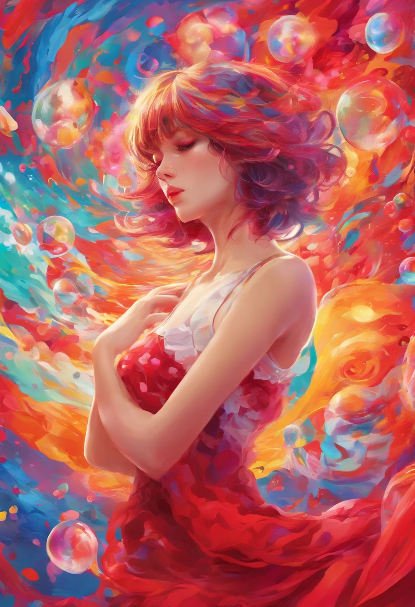 ((top-quality, 8K)), (Realistic), (Face Focus: 1.1), (red and white:1.3), girl with, short-hair, Hair fluttering in the wind, (Sleeveless: 1.1)、Skirt, C cup breasts, Countless soap bubbles,