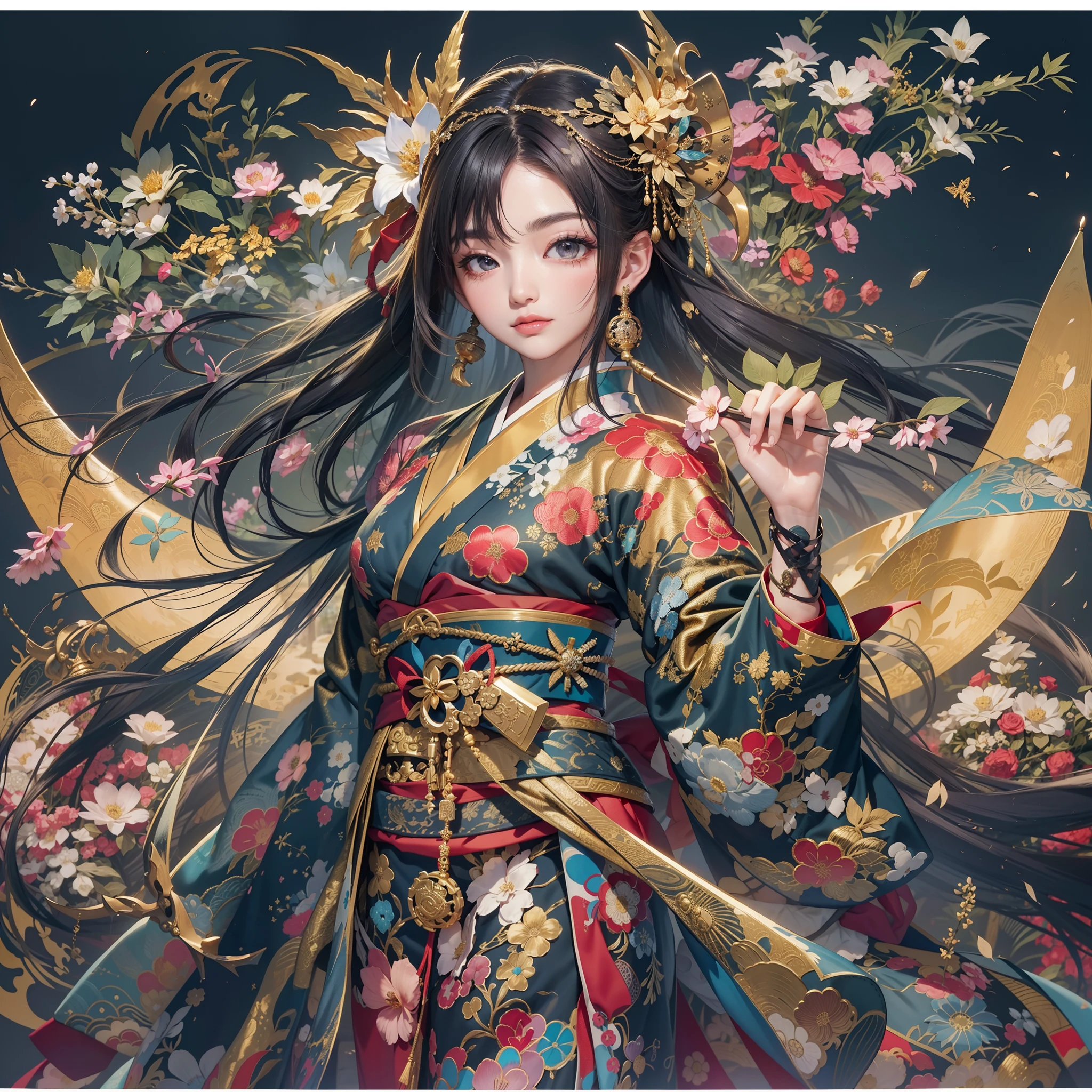 a moon、Detailed background((ancient city:1.2),细致背景)、Elegant backgrounds,Zen entanglement, mandalas, Tangled, Tangled,glossy dark hair,poneyTail,Lots of bouquets in hand, BREAK,elaborate costume{Luxury kimono(Colorful kimono(Detailed golden embroidery,))}、Japanese Idol(actress),Depict a beautiful and graceful woman of Japan。Heart in the eye。 Wallpapers 16K, .Blur the background with a sickle,((masutepiece)), ((Best Quality)),{{a portrait photo of}},full body Esbian