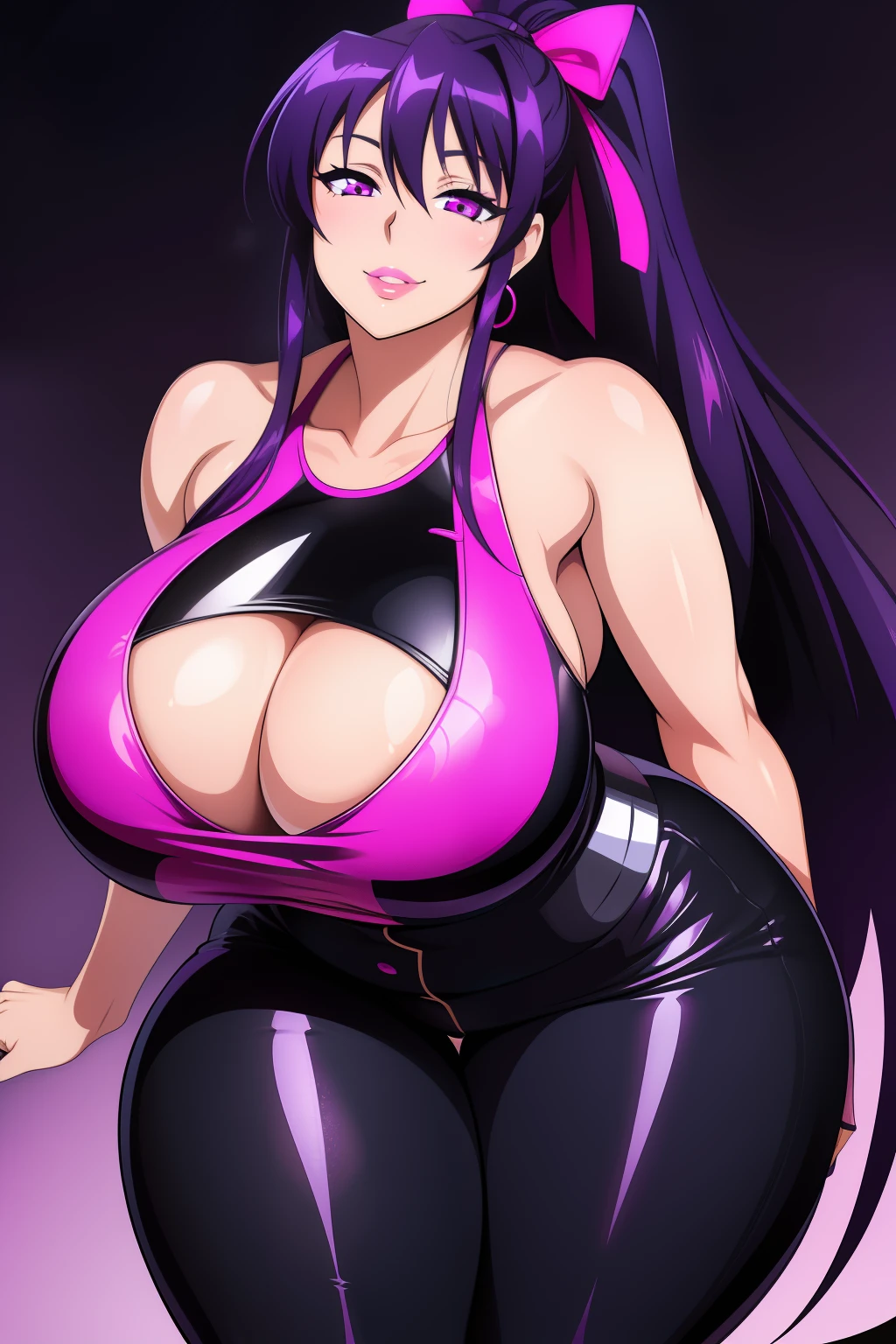 Akeno Himejima, 1girl, (((bimbo))), long purple hair, purple eyes, ear rings, (((bimbo))), puffy lips, painted lips, thick lips, smile face, wide hips, thick thighs, huge natural breasts, black jeans, black latex top, stiff