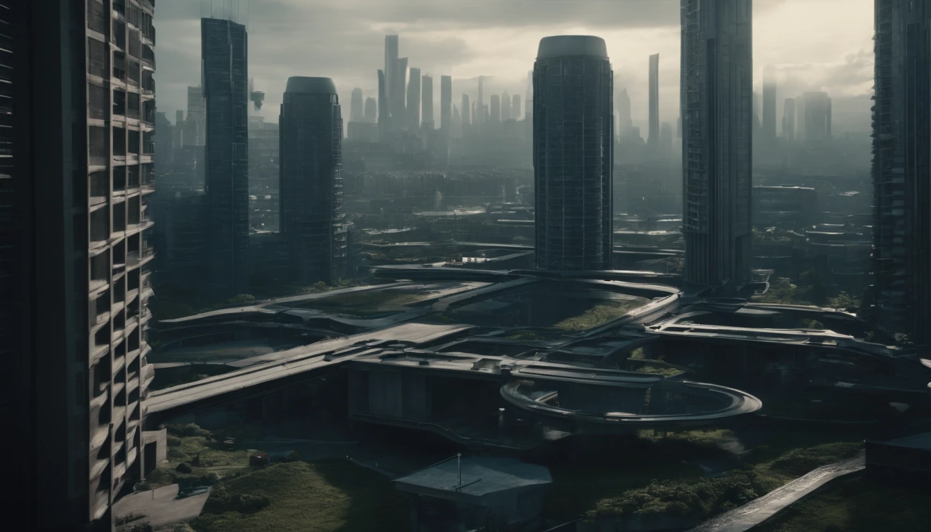 a dystopian futuristic city inhabited only by men with lots of brutalist architecture