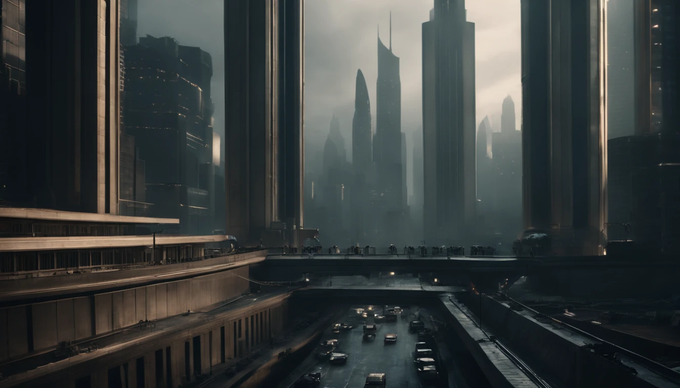a dystopian futuristic city inhabited only by men with lots of brutalist architecture