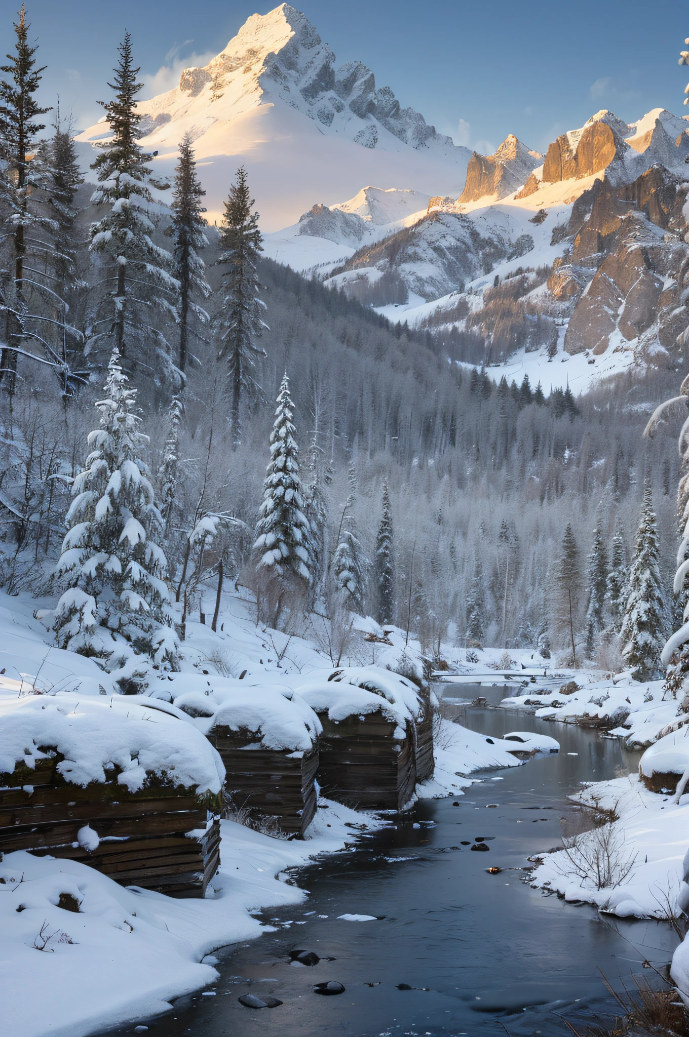 There is a small stream and a snowy scene of cedar trees in the middle,Heavy snow fell,early evening,The sun is about to set,snow landscape,Arte conceitual de inverno,snow environment,beautiful snowy landscape,snow landscape,snow landscape background,Highly detailed digital art in 4K,8K high quality detail art,cold snowy,surreal frozen landscape,Winter scenery,mystic winter landscape,4k hd matte digital painting