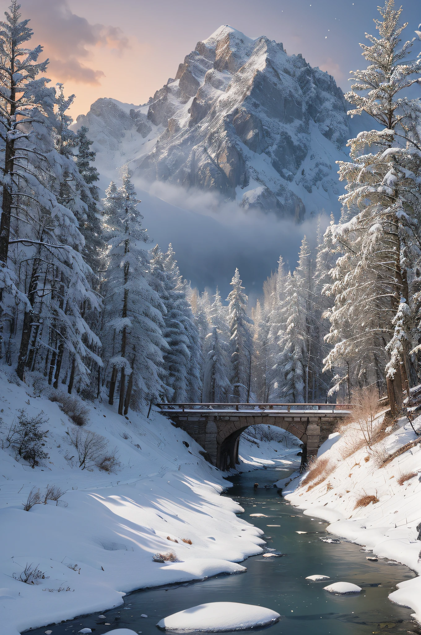 There is a small stream and a snowy scene of cedar trees in the middle,Heavy snow fell,early evening,The sun is about to set,snow landscape,Arte conceitual de inverno,snow environment,beautiful snowy landscape,snow landscape,snow landscape background,Highly detailed digital art in 4K,8K high quality detail art,cold snowy,surreal frozen landscape,Winter scenery,mystic winter landscape,4k hd matte digital painting