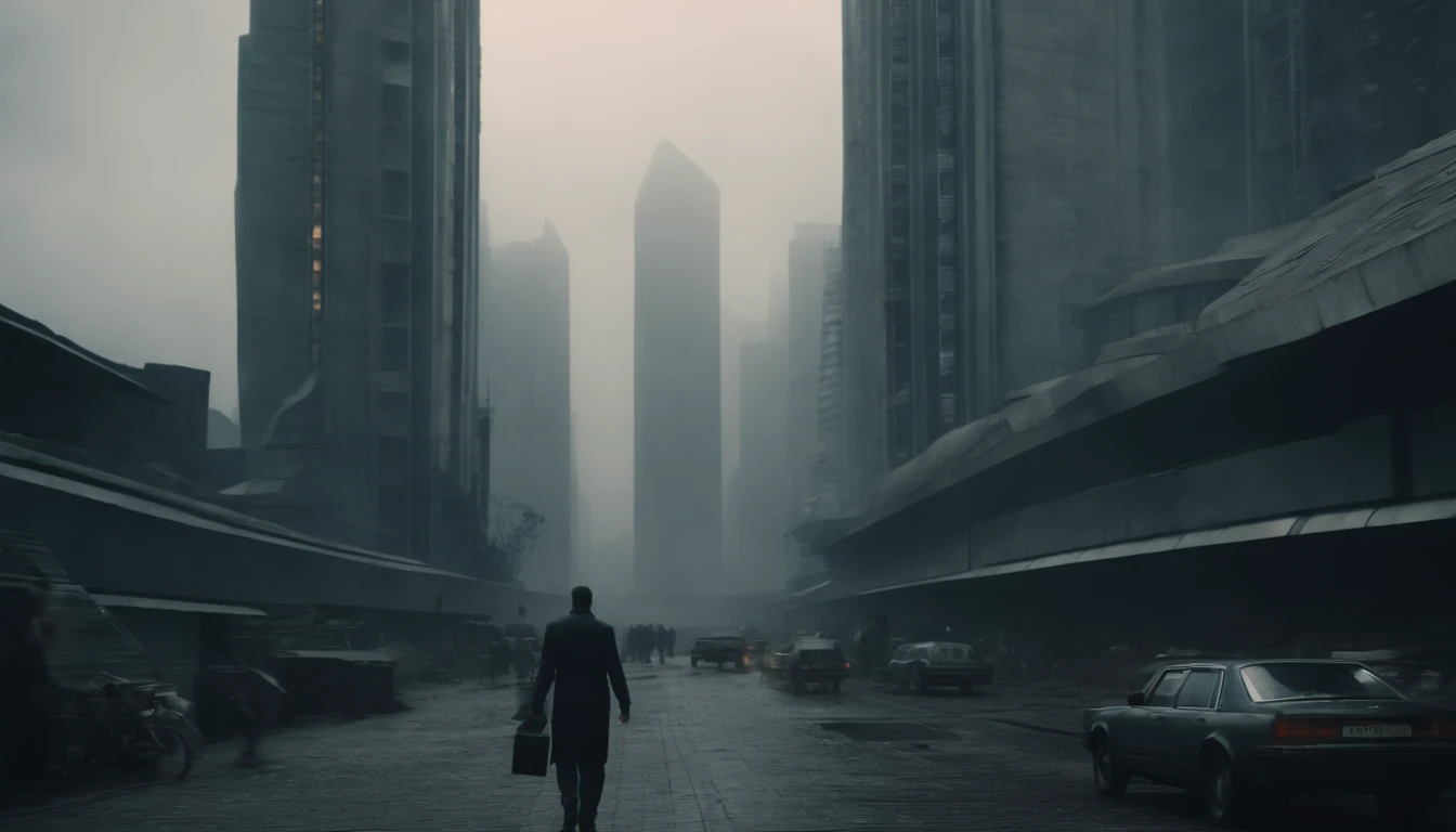 a dystopian futuristic city inhabited only by men with lots of brutalist architecture
