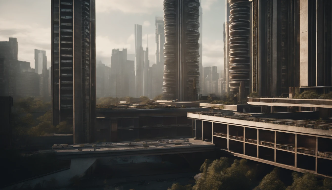a dystopian futuristic city inhabited only by men with lots of brutalist architecture