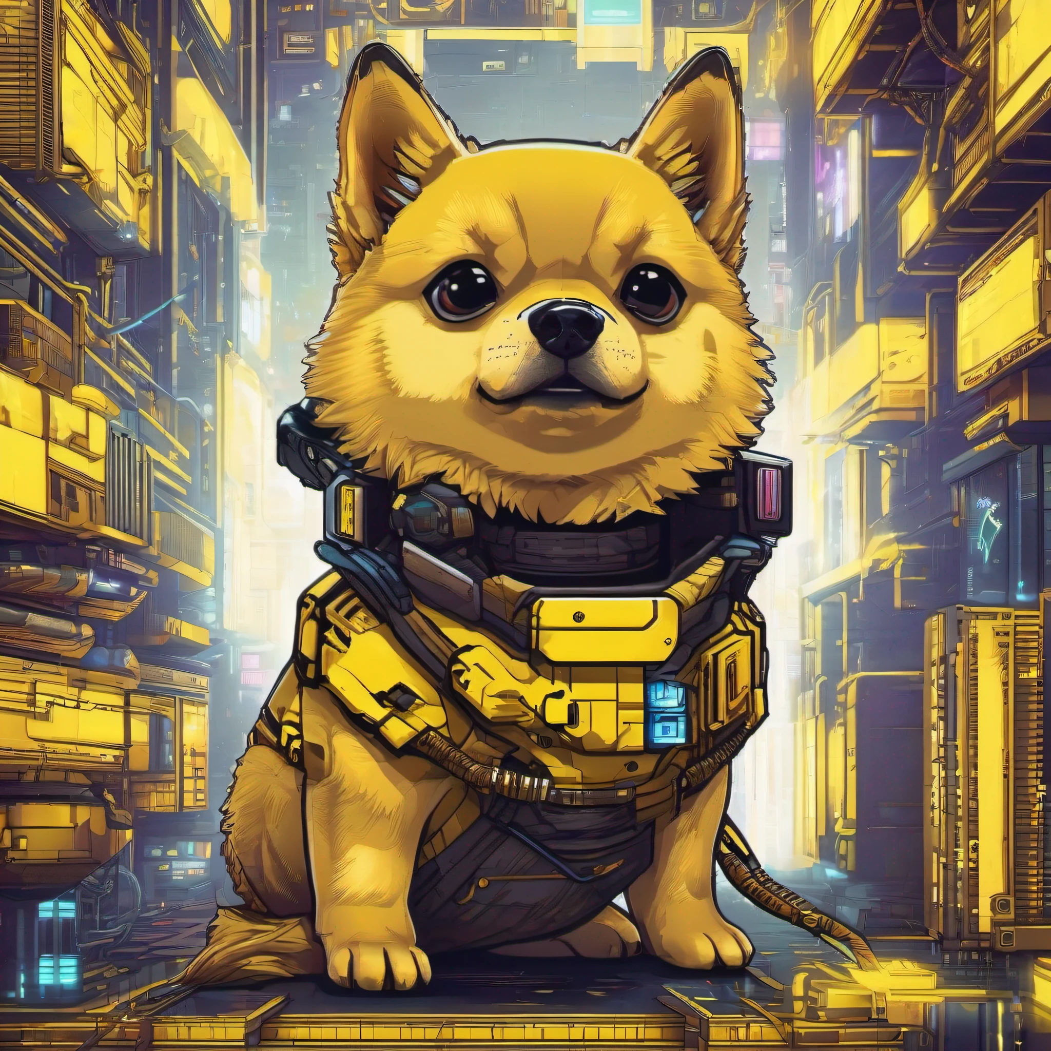 Yellow doge chibi with hyper-realistic cyberpunk style in cyberpunk aesthetic cyberpunk shading