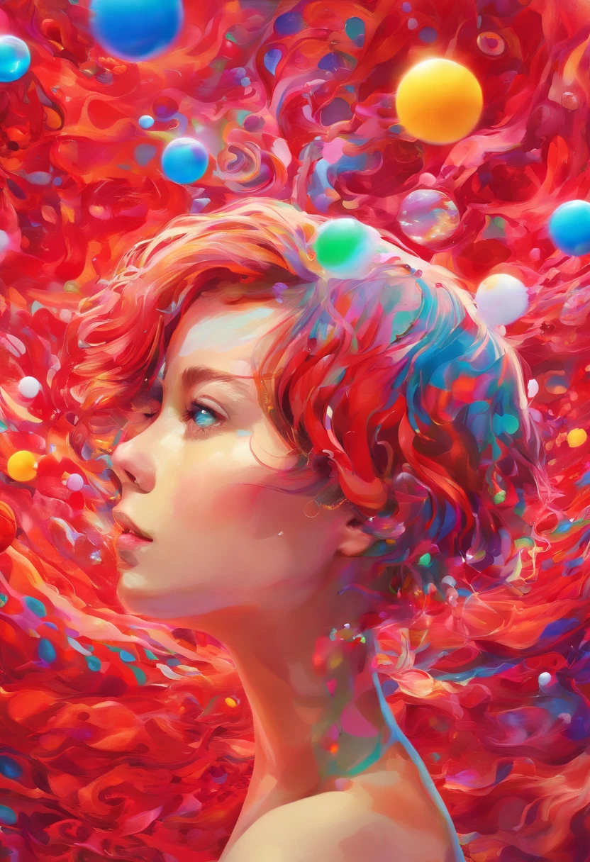 ((top-quality, 8K)), (Realistic), (Face Focus: 1.1), (red and white:1.3), girl with, short-hair, Hair fluttering in the wind, (Sleeveless: 1.1)、Skirt, C cup breasts, Countless soap bubbles,