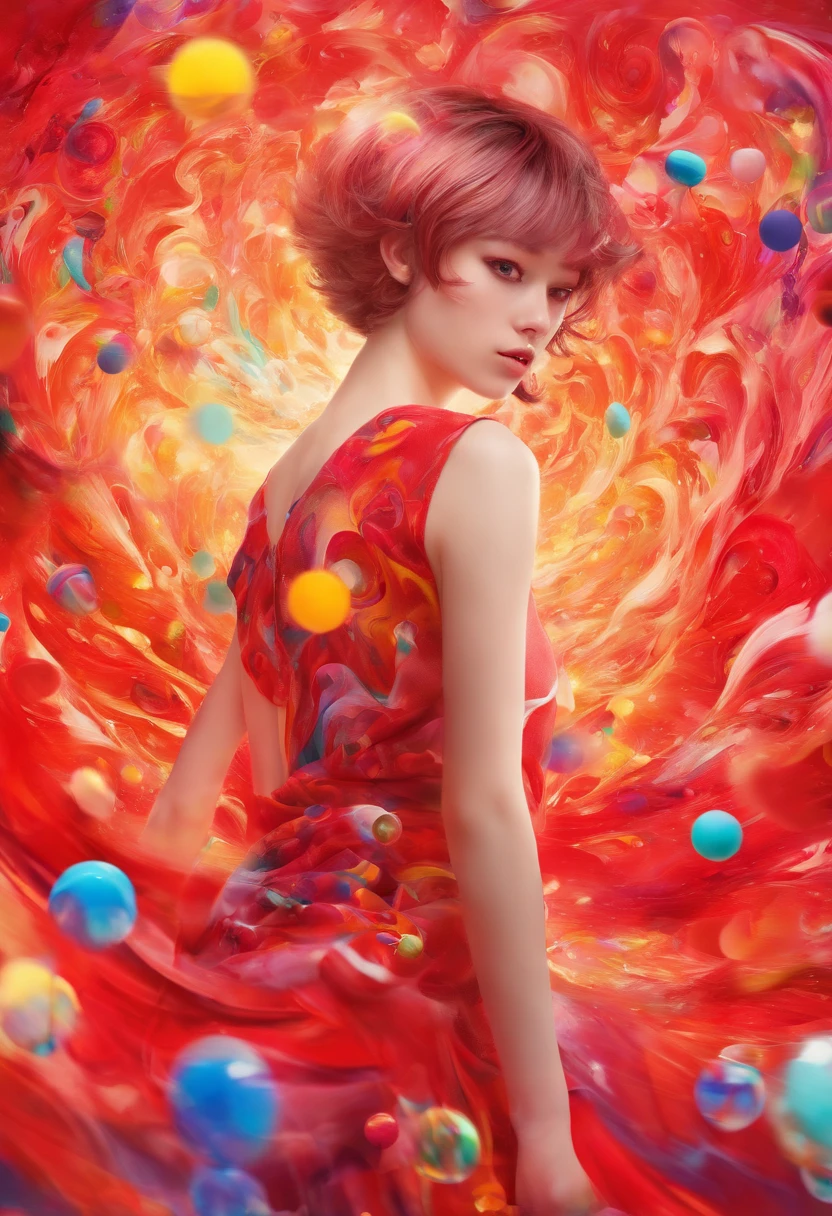 ((top-quality, 8K)), (Realistic), (Face Focus: 1.1), (red and white:1.3), girl with, short-hair, Hair fluttering in the wind, (Sleeveless: 1.1)、Skirt, C cup breasts, Countless soap bubbles,