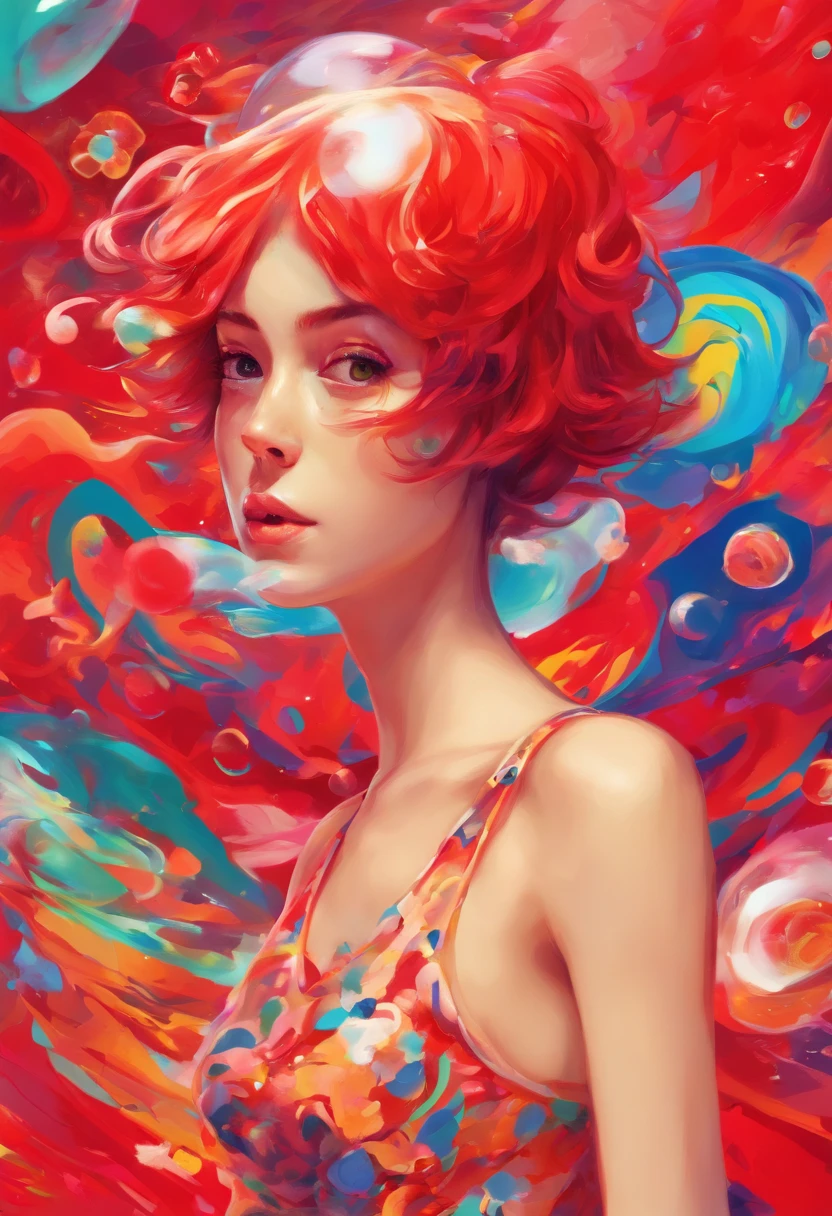 ((top-quality, 8K)), (Realistic), (Face Focus: 1.1), (red and white:1.3), girl with, short-hair, Hair fluttering in the wind, (Sleeveless: 1.1)、Skirt, C cup breasts, Countless soap bubbles,