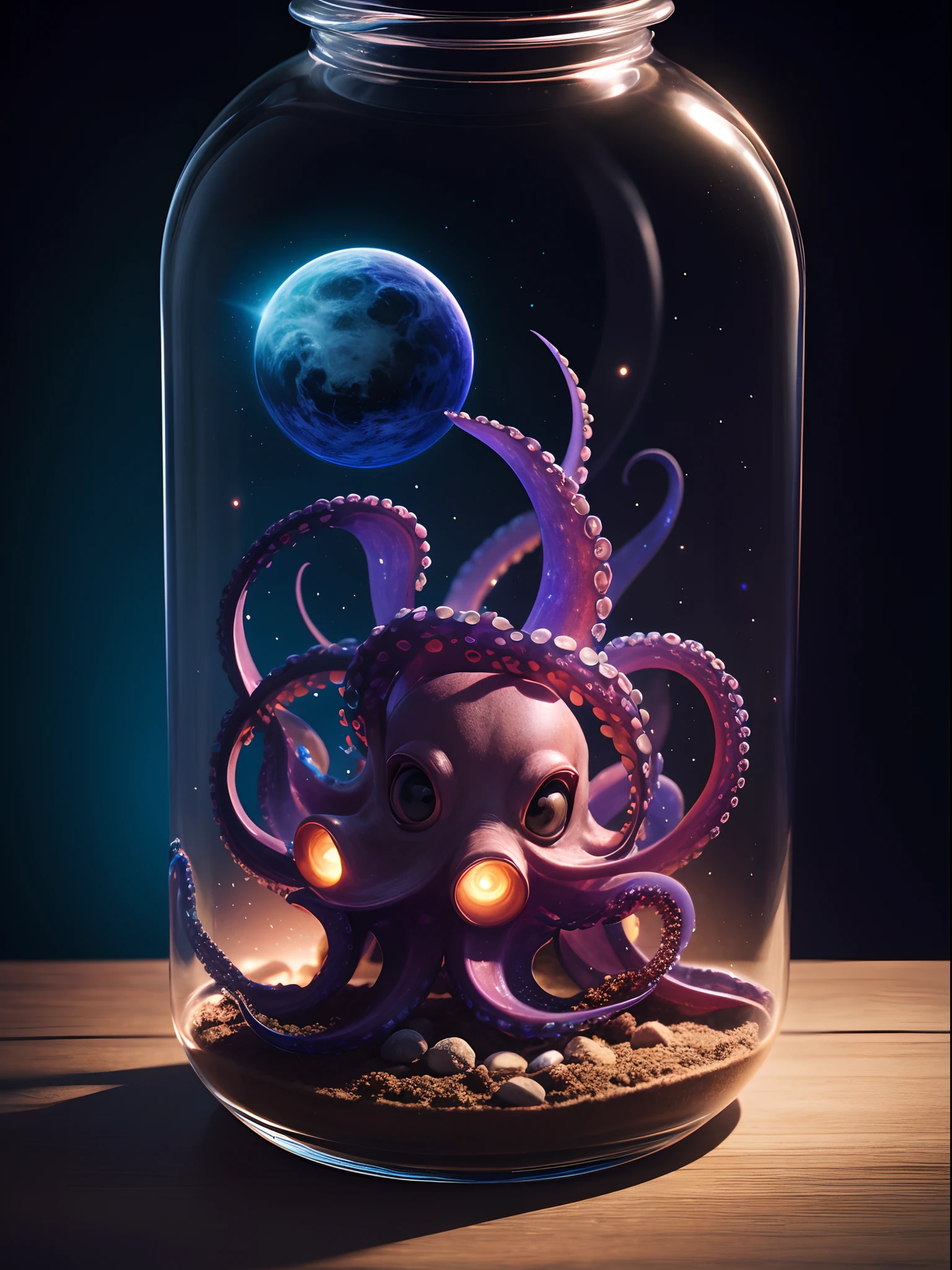 galaxy environment, caprichoso, a small octopus in a magical jar of unworkable dream, 8k, Vivid, ultra detalis |, color lighting, fotografia surreal, retrato