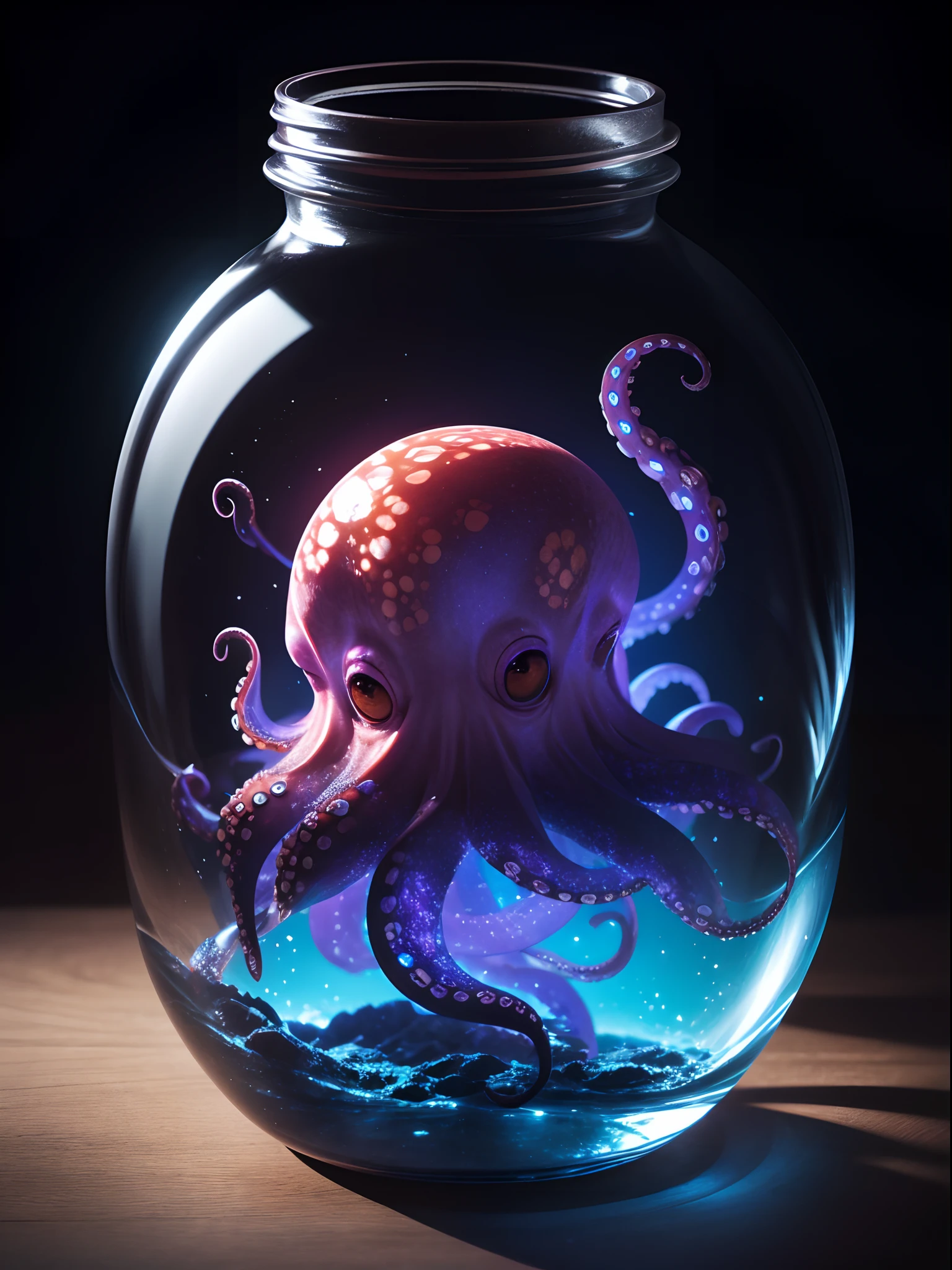 galaxy environment, caprichoso, a small octopus in a magical jar of unworkable dream, 8k, Vivid, ultra detalis |, color lighting, fotografia surreal, retrato