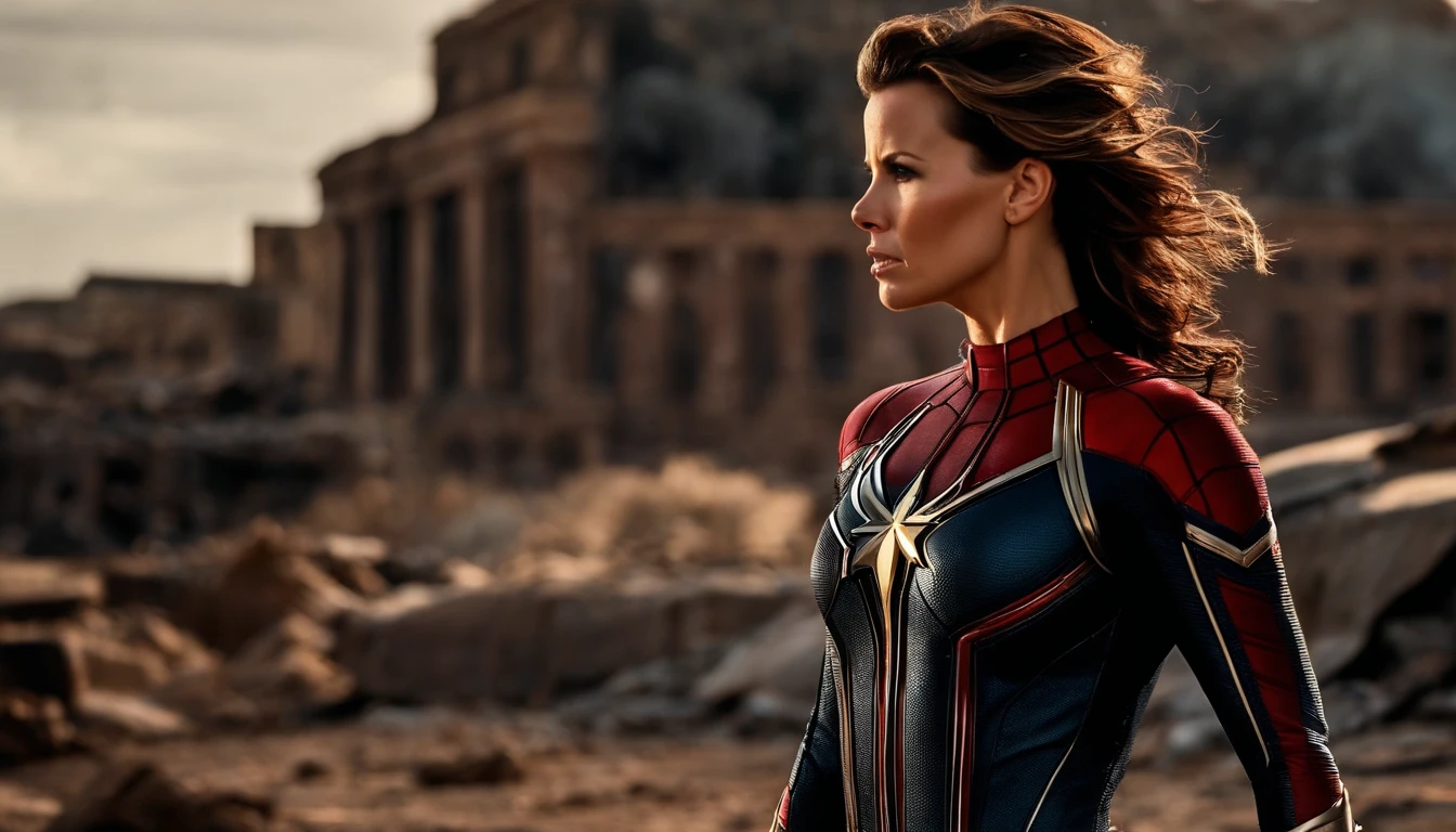 Kate Beckinsale usa um traje detalhado de metal do Homem-Aranha, Photos of fashionable women with angry expressions, seios grandes, Superhero pose, Standing in a ruined city at sunset, Ultra - Detalhado, smoke billowing, Spark of Light, sunlight, (8k), Realistic, symmetric, Premiado, cinematographic lightning, embebido, Film, 75 millimeters, Scratches, tiro de corpo inteiro, Close-up, Roupas rasgadas e sujas, Rosto detalhado,