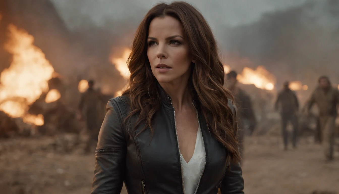 Kate Beckinsale usa um traje detalhado de metal do Homem-Aranha, Photos of fashionable women with angry expressions, seios grandes, Superhero pose, Standing in a ruined city at sunset, Ultra - Detalhado, smoke billowing, Spark of Light, sunlight, (8k), Realistic, symmetric, Premiado, cinematographic lightning, embebido, Film, 75 millimeters, Scratches, tiro de corpo inteiro, Close-up, Roupas rasgadas e sujas, Rosto detalhado,