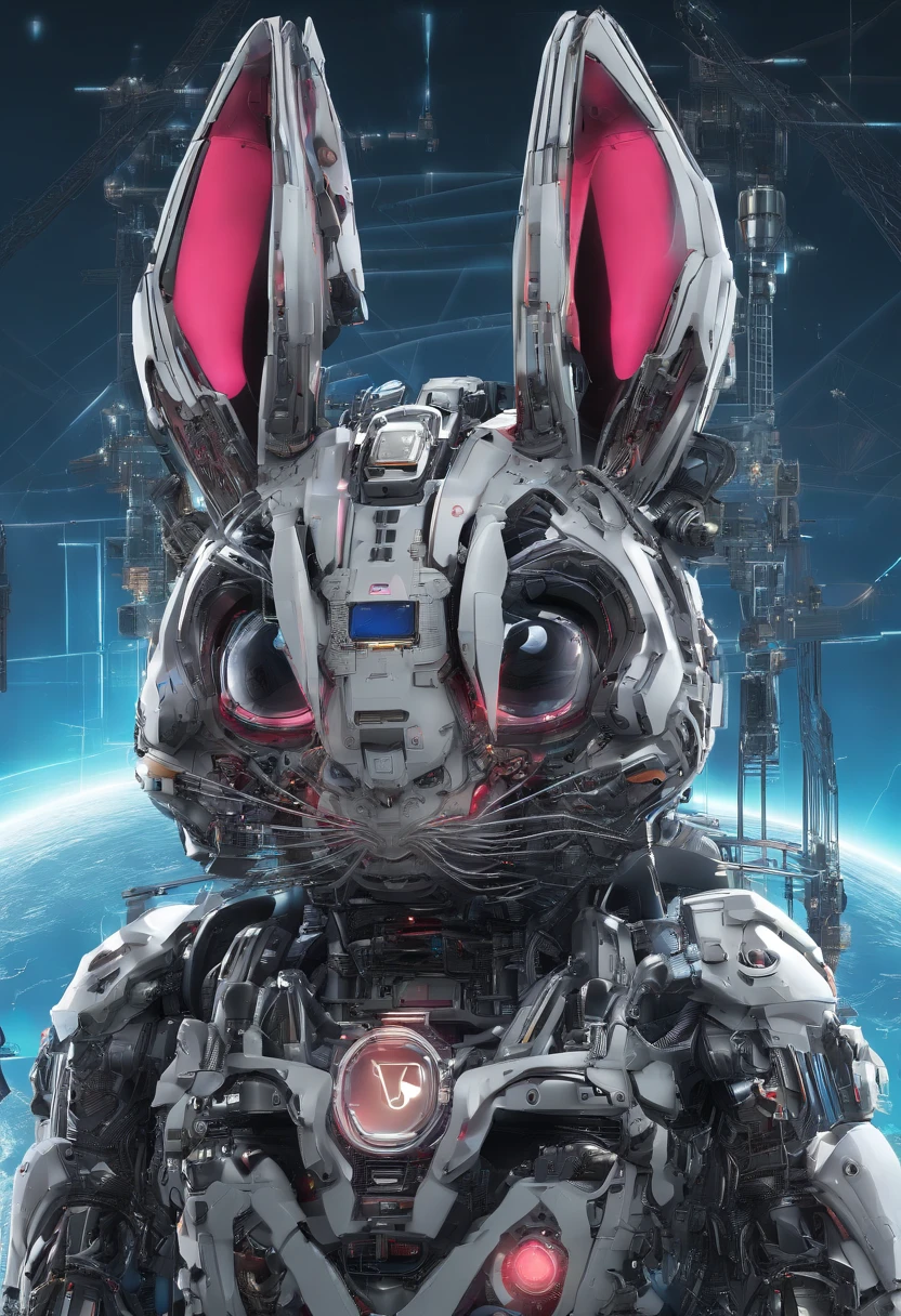 Mecha rabbit,Long ears,Rabbit's mouth,Beautifully carved,,(Rabbit anthropomorphism),Rich in color,Exquisitely.There are flowers around,Tight fit,On the back is the moon,starrysky,sportrait