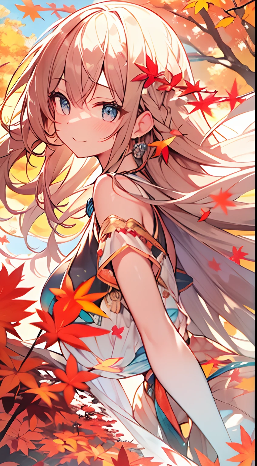 masutepiece, Best Quality,Illustration, Wallpaper, ultra -detail, Absurd beauty, 1beautiful girl、Bright hair color、Glitter and big eyes、Hair fluttering in the wind、ample breasts、♡、Smaller head、Autumn landscape、miscievous smile