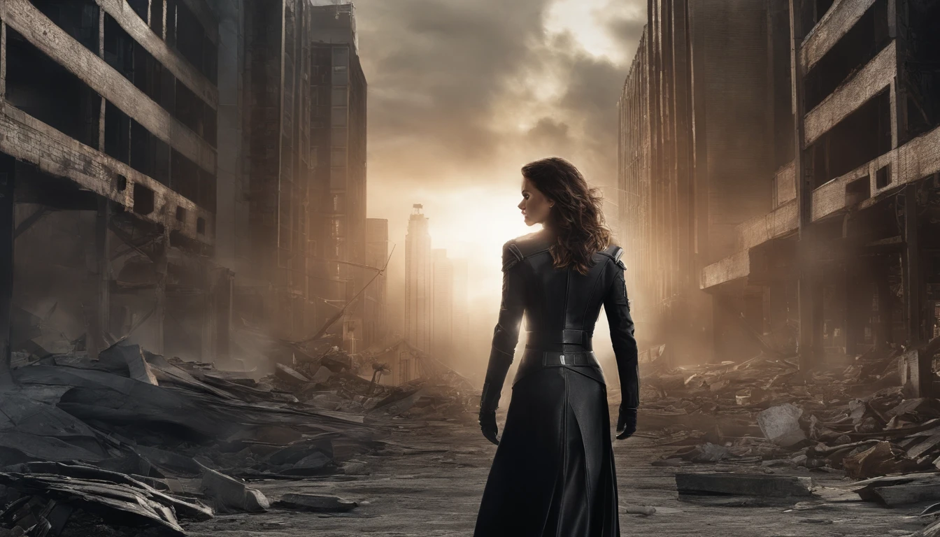 Kate Beckinsale usa um traje detalhado de metal do Homem-Aranha, Photos of fashionable women with angry expressions, seios grandes, Superhero pose, Standing in a ruined city at sunset, Ultra - Detalhado, smoke billowing, Spark of Light, sunlight, (8k), Realistic, symmetric, Premiado, cinematographic lightning, embebido, Film, 75 millimeters, Scratches, tiro de corpo inteiro, Close-up, Roupas rasgadas e sujas, Rosto detalhado,