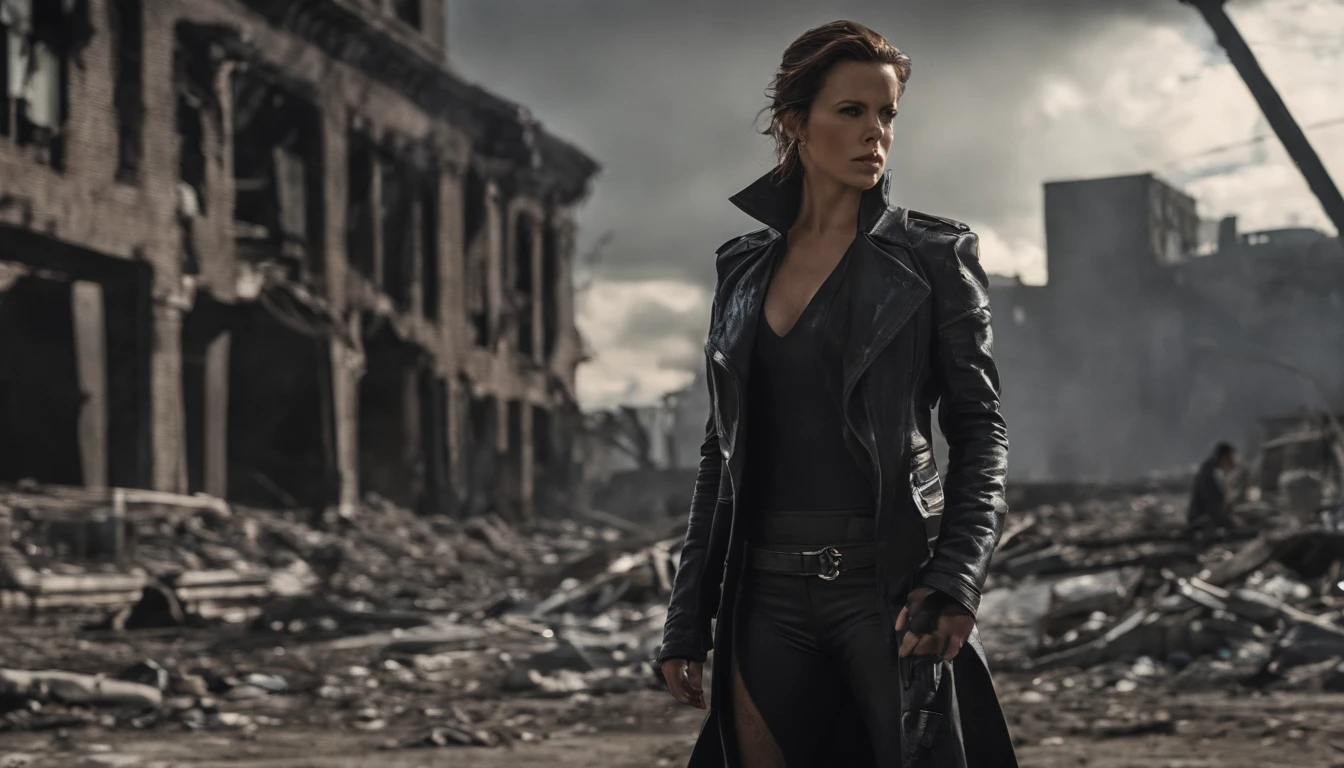 Kate Beckinsale usa um traje detalhado de metal do Homem-Aranha, Photos of fashionable women with angry expressions, seios grandes, Superhero pose, Standing in a ruined city at sunset, Ultra - Detalhado, smoke billowing, Spark of Light, sunlight, (8k), Realistic, symmetric, Premiado, cinematographic lightning, embebido, Film, 75 millimeters, Scratches, tiro de corpo inteiro, Close-up, Roupas rasgadas e sujas, Rosto detalhado,