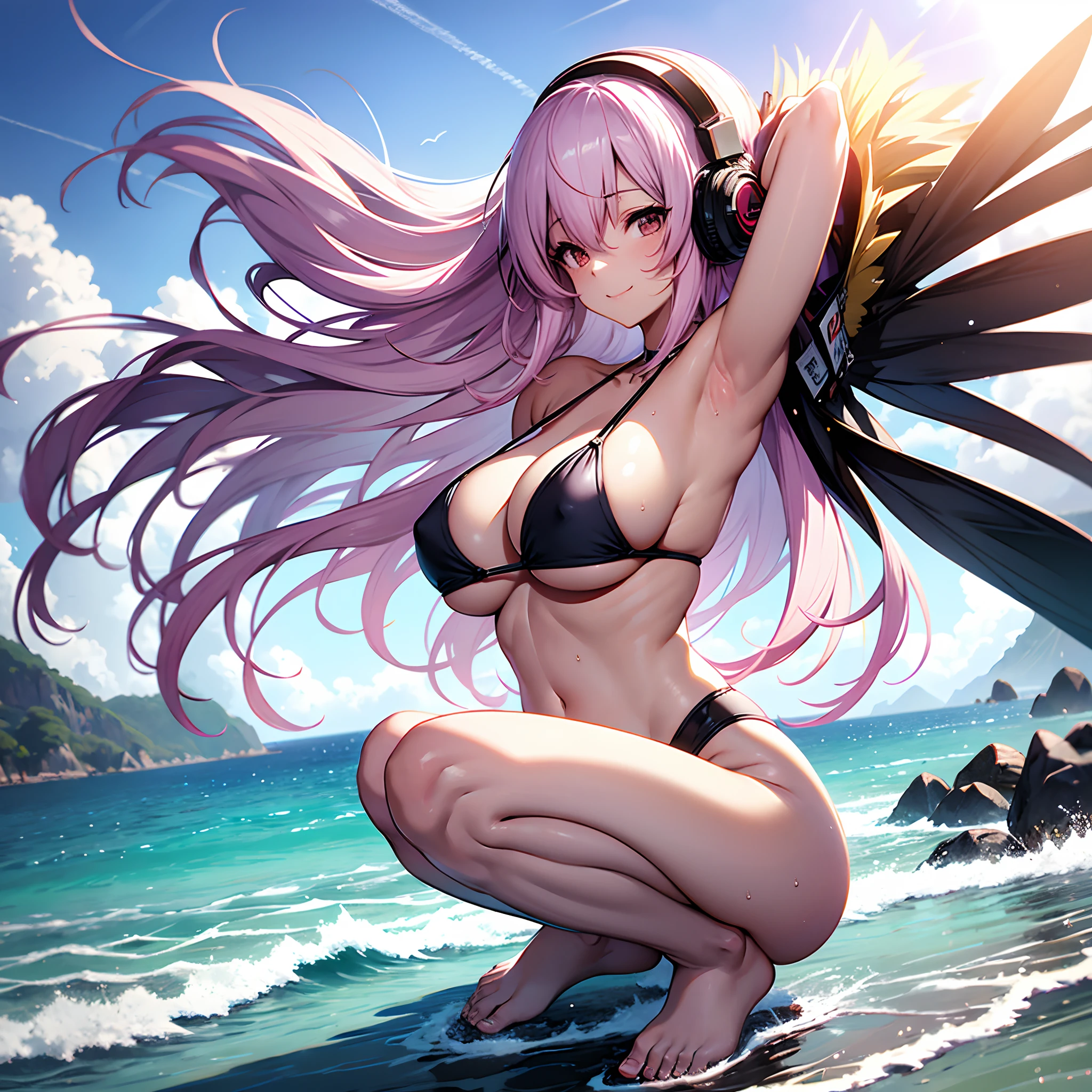 crouching down、Squat、　Opening legs, 　Girl in a swimsuit, 夏天, Strong sunshine, Pose showing armpits, Elbows higher than head, Arms behind your back, super sonico, Wide on the side, Long Boobs, Colossal tits, The Naked Goddess in Anime, Ecchi anime style, [ 4 k digital art ]!!,　White high-leg bikini, Open your eyes, Back lighting, chest protrudes, Short bob pink hair, Sideways body, Twist your hips, A slight smil, perspiring, Strong backlighting, red tide, sodden, Sky and sea are the whole background、　Yellow light、　Purple Shadow, Fisheye distortion, Composition looking up from the toes