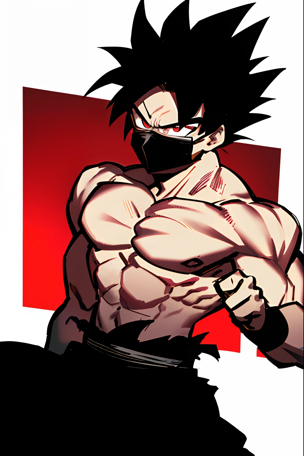 A new character , man , 1boy, angry, battle damage, pushed back haircut , have a black ClothMask , furious, red eyes, male focus, muscular, muscular male, pectorals, sash, solo, spiked hair, super saiyan aura , topless male, torn black clothes, wristband, ((masterpiece)) , black ClothMask , bleeding , DRAGON BALL STYLE