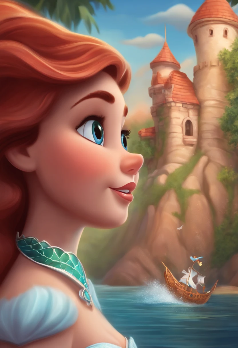 um close up de uma sereia de desenho animado deitada em um tronco, Princesa Ariel, Pequena Sereia, Ariel, a Pequena Sereia, little mermaid magical kingdom, A Pequena Sereia, desenho animado da disney, 🪔 🎨;🌞🌄, Pritty, estilo de arte disney, 😃😀😄☺🙃😉😗, in cartoon style, arte disney, sereia, desenho animado bonito, official illustration