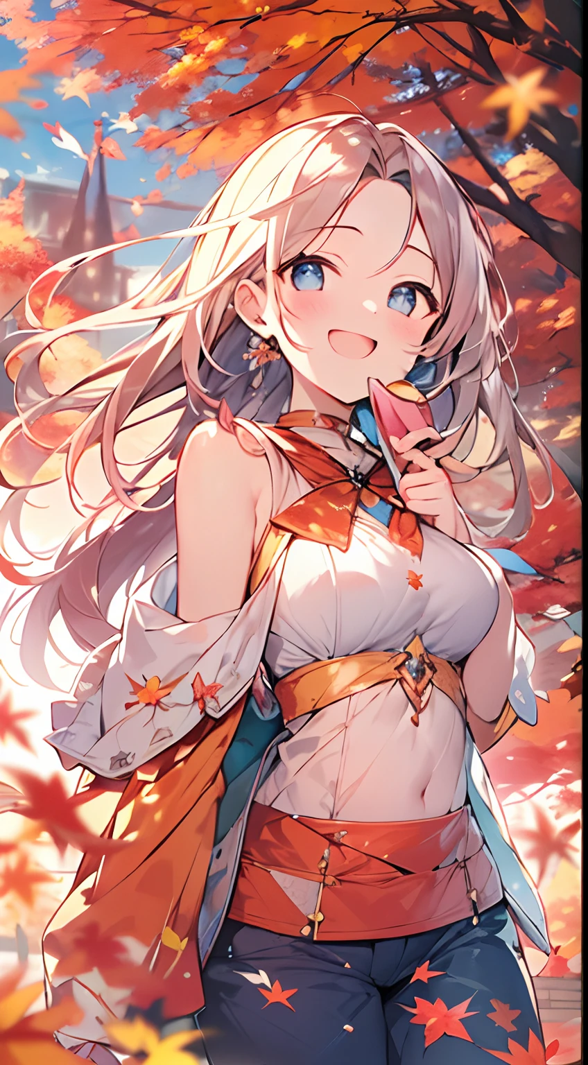 masutepiece, Best Quality,Illustration, Wallpaper, ultra -detail, Absurd beauty, 1beautiful girl、Bright hair color、Glitter and big eyes、Hair fluttering in the wind、ample breasts、♡、Smaller head、Autumn landscape、miscievous smile