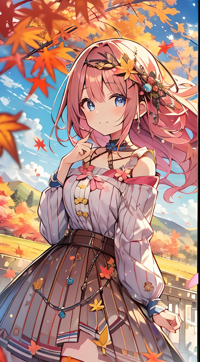 masutepiece, Best Quality,Illustration, Wallpaper, ultra -detail, Absurd beauty, 1beautiful girl、Bright hair color、Glitter and big eyes、Hair fluttering in the wind、ample breasts、♡、Smaller head、Autumn landscape、miscievous smile