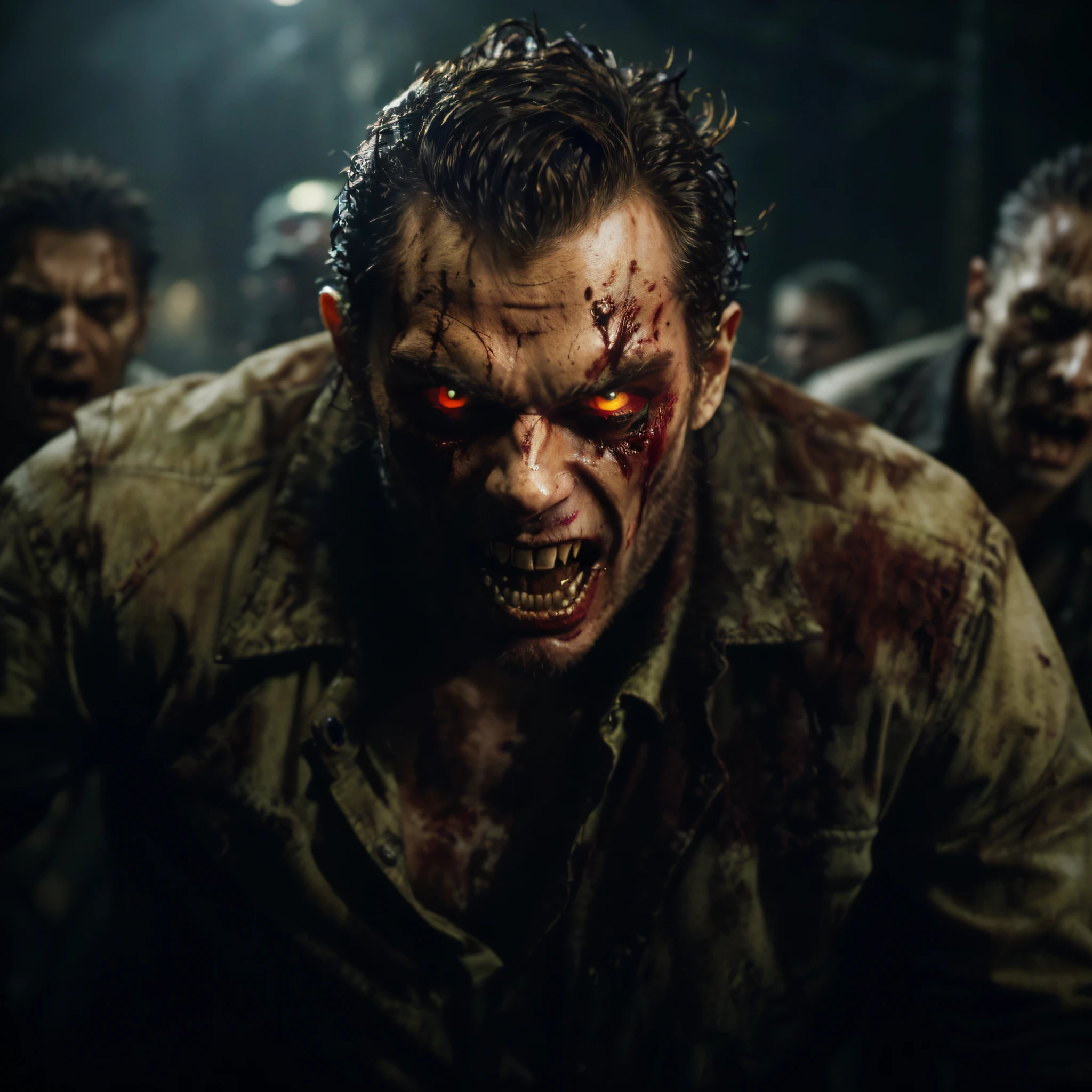 zombies are walking in a line with their eyes glowing, movie still of a snarling, evil dead face, vampire, henry cavill as wolverine, attack zombie during worldwar 2, male vampire of clan banu haqim, the night war rages behind him, zombie with white eyes, edited, evil dead, man mutating to zombie, zombie in horror concept art