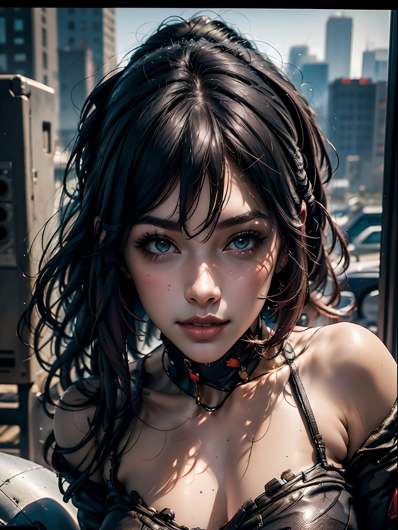 Cyberpunk girl wearing a very attractive outfit lying on a pile of electronic waste, extremely realistic image, ultra definition, 8k) image seen from above, panoramic image.