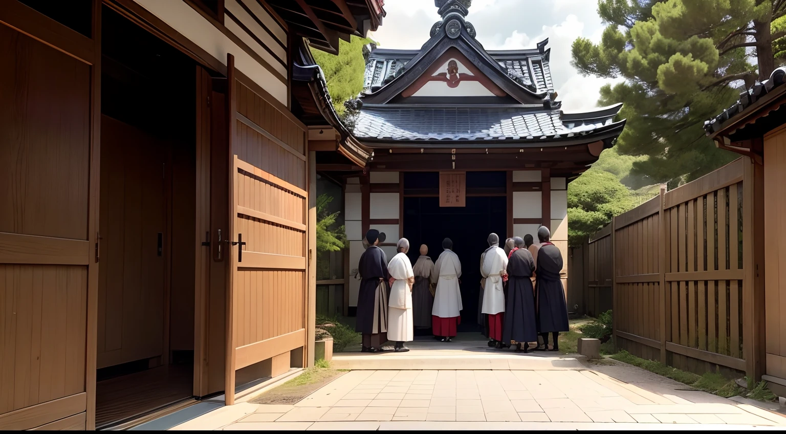 in the edo era、Christians take refuge outside from the entrance of a church that is raging in fire