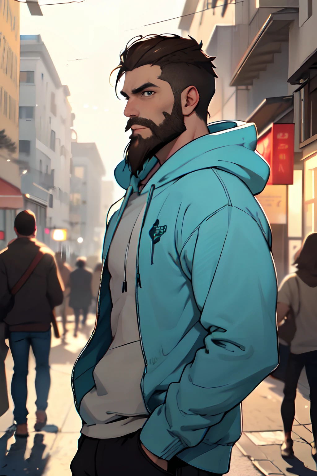 1 man, skinny, bearded, long beard, thic beard, full beard, young, young adult, cyan shirt, open hoodie, white hoodie, skinny arms, ((light bokeh)), intricate, elegant, sharp focus, photo by greg rutkowski, soft lighting, vibrant colors, (masterpiece), ((streets)), (detailed face), looking at side, brown hair, short hair, very short hair, The Buzz Cut Short Hair, brown eyes, cowboy shot, half body portrait