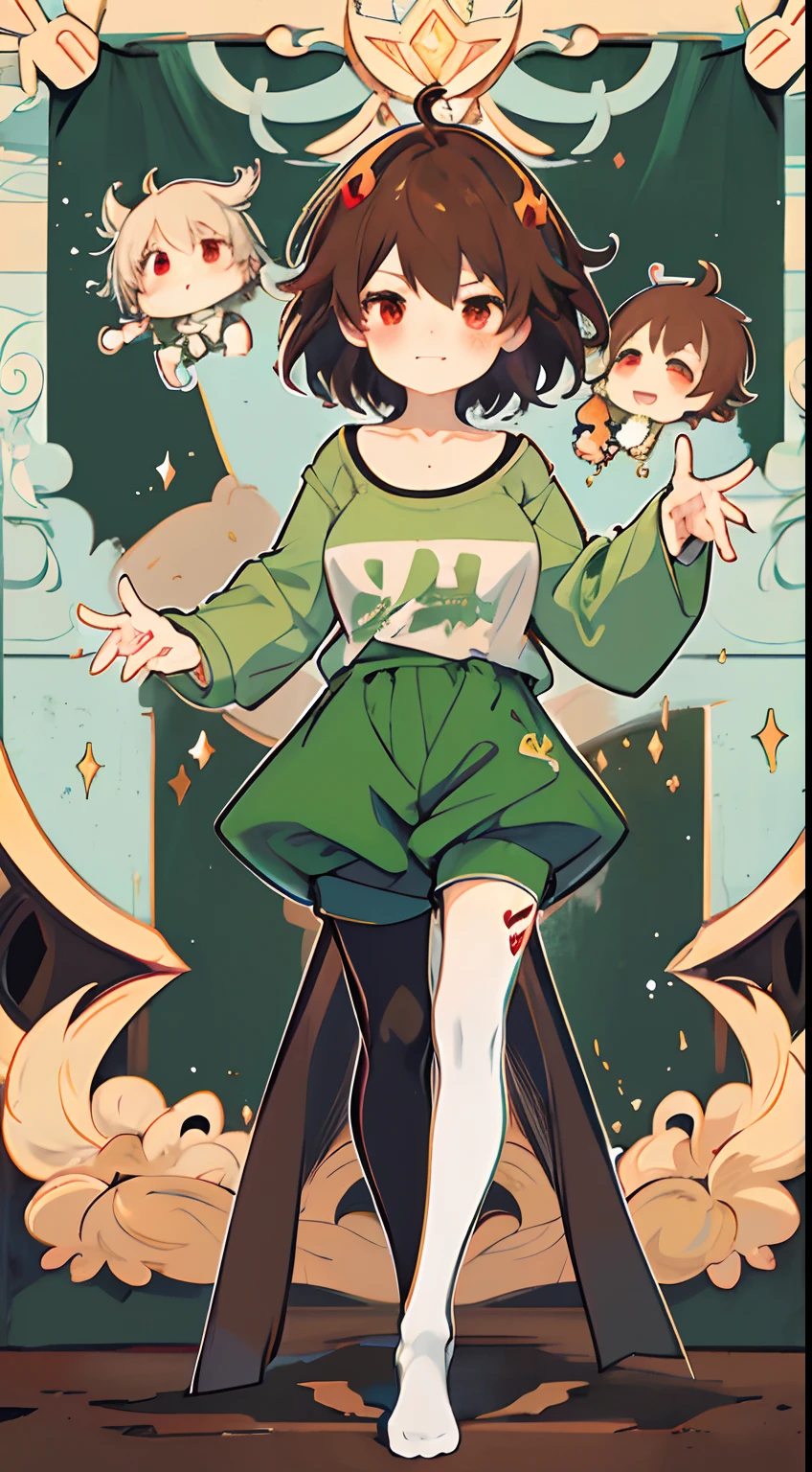 Under the legend，Chara，femele，sexy for，green-shirt，brown shorts，black lence stockings，Grin size，Hideous，Blushlush，with short brown hair，Bloody red eyes，bareness，anime big breast，quadratic element，k hd，Bare skin，Full body standing painting，sullen