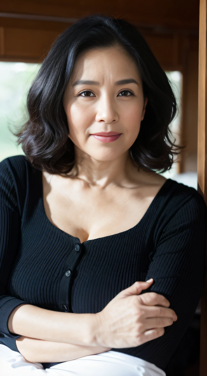 ((Best quality, 8K, Masterpiece, Portrait: 1.3)), (View viewers), Photorealism, Sharp focus, Solo, The Moro Islamic Liberation Front of Japan, Beauty,Wavy hair, Wrinkles at the corners of the eyes, to emphasize, ((Big breasts:1.3))),,30 years old, curlies, Wrinkled eyes, Elegant black shirt、((looking at viewert))