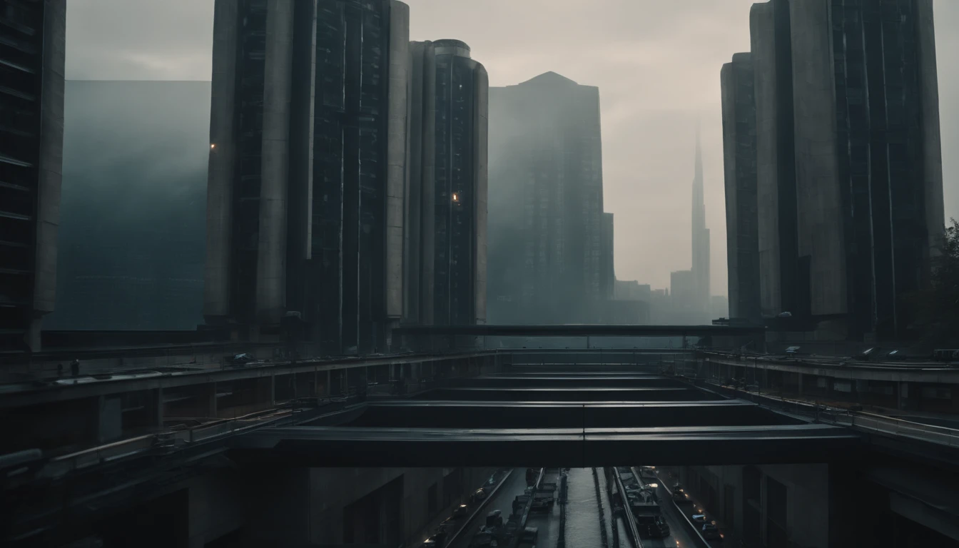A dystopian futuristic city inhabited only by men with a lot of brutalist architecture, 8K, foto RAW