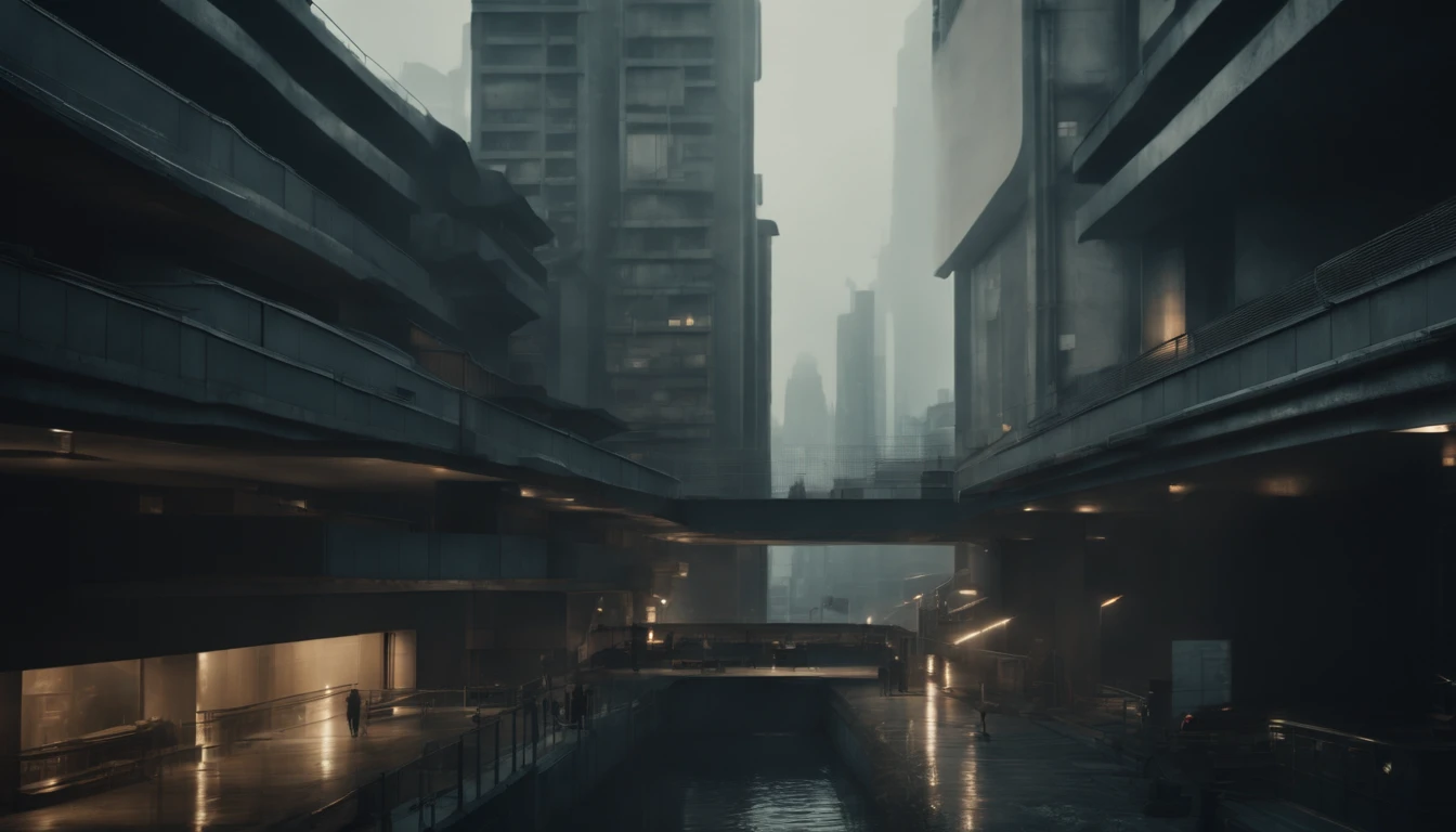 A dystopian futuristic city inhabited only by men with a lot of brutalist architecture, 8K, foto RAW