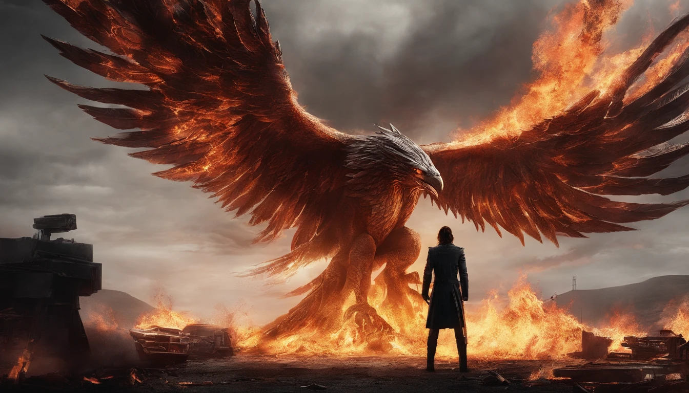 1girl, (((solo))), Jessica Biel dressed in Jean Grey's uniform from the X-Men comics. Her hair is engulfed in flames and her eyes glow like LED lights. Full-length portrait (((engulfed in flames))) showing an imposing posture, towards the viewer. Behind it is born a figure of a bird (phoenix) in flames. Hyper realistic, highly detailed, cinematic, movie poster. 8K