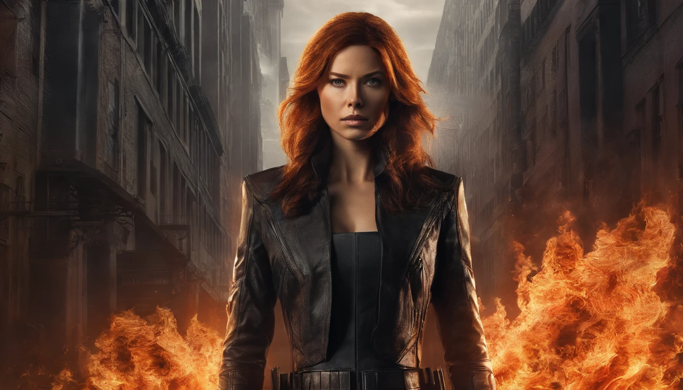 1girl, (((solo))), Jessica Biel dressed in Jean Grey's uniform from the X-Men comics. Her hair is engulfed in flames and her eyes glow like LED lights. Full-length portrait (((engulfed in flames))) showing an imposing posture, towards the viewer. Behind it is born a figure of a bird (phoenix) in flames. Hyper realistic, highly detailed, cinematic, movie poster. 8K
