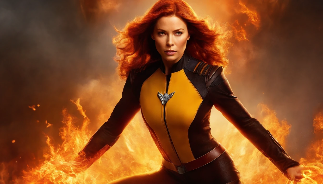 1girl, (((solo))), Jessica Biel dressed in Jean Grey's uniform from the X-Men comics. Her hair is engulfed in flames and her eyes glow like LED lights. Full-length portrait (((engulfed in flames))) showing an imposing posture, towards the viewer. Behind it is born a figure of a bird (phoenix) in flames. Hyper realistic, highly detailed, cinematic, movie poster. 8K