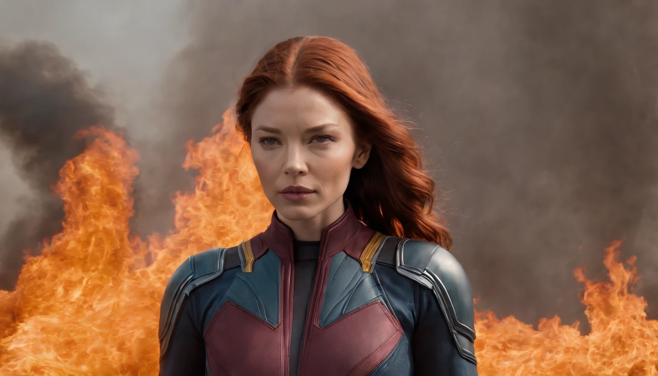 1girl, (((solo))), Jessica Biel dressed in Jean Grey's uniform from the X-Men comics. Her hair is engulfed in flames and her eyes glow like LED lights. Full-length portrait (((engulfed in flames))) showing an imposing posture, towards the viewer. Behind it is born a figure of a bird (phoenix) in flames. Hyper realistic, highly detailed, cinematic, movie poster. 8K