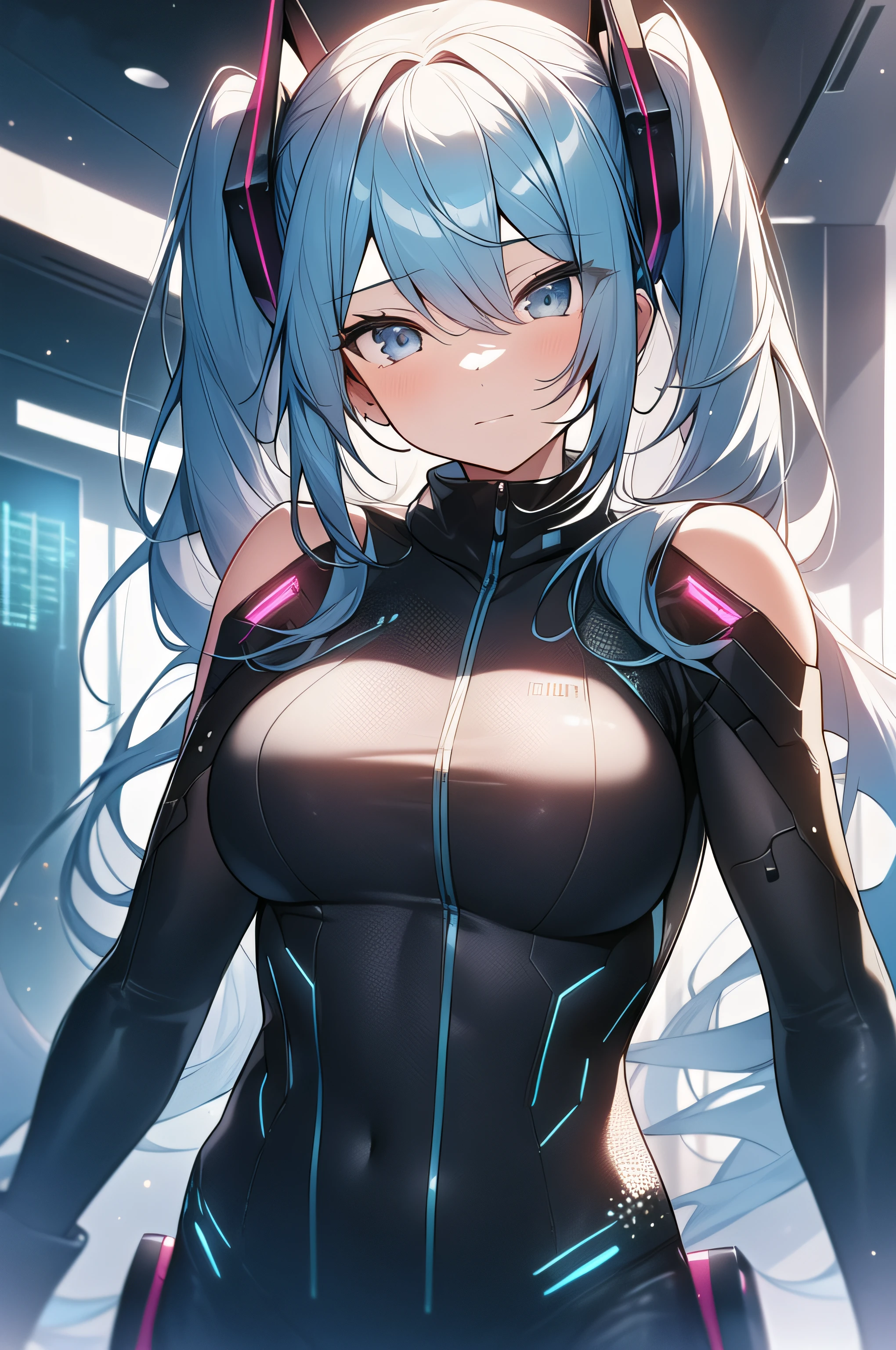 extremely detailed CG unified 8k wallpaper, very fine 8KCG wallpaper, absurderes, Best Quality ultra-detailliert,Beautiful face,masterpiece,Show from head to waist,a girl is standing,(decisive pose),top-quality,(masterpiece), top-quality, 1girl in,hatsune miku,futuristic bodysuit,((cyberpunk city background,